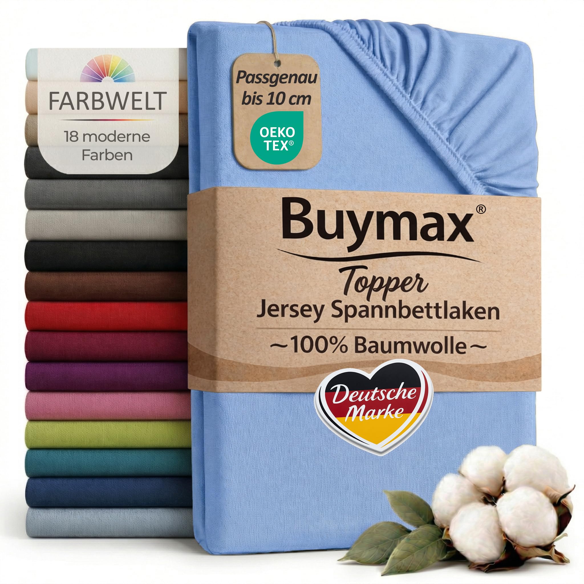 Buymax Jersey Topper Spannbettlaken aus 100% Baumwolle – Spannbetttuch für Topper bis 10 cm Höhe (18 cm Steg), atmungsaktiv, elastisch, Oeko-TEX