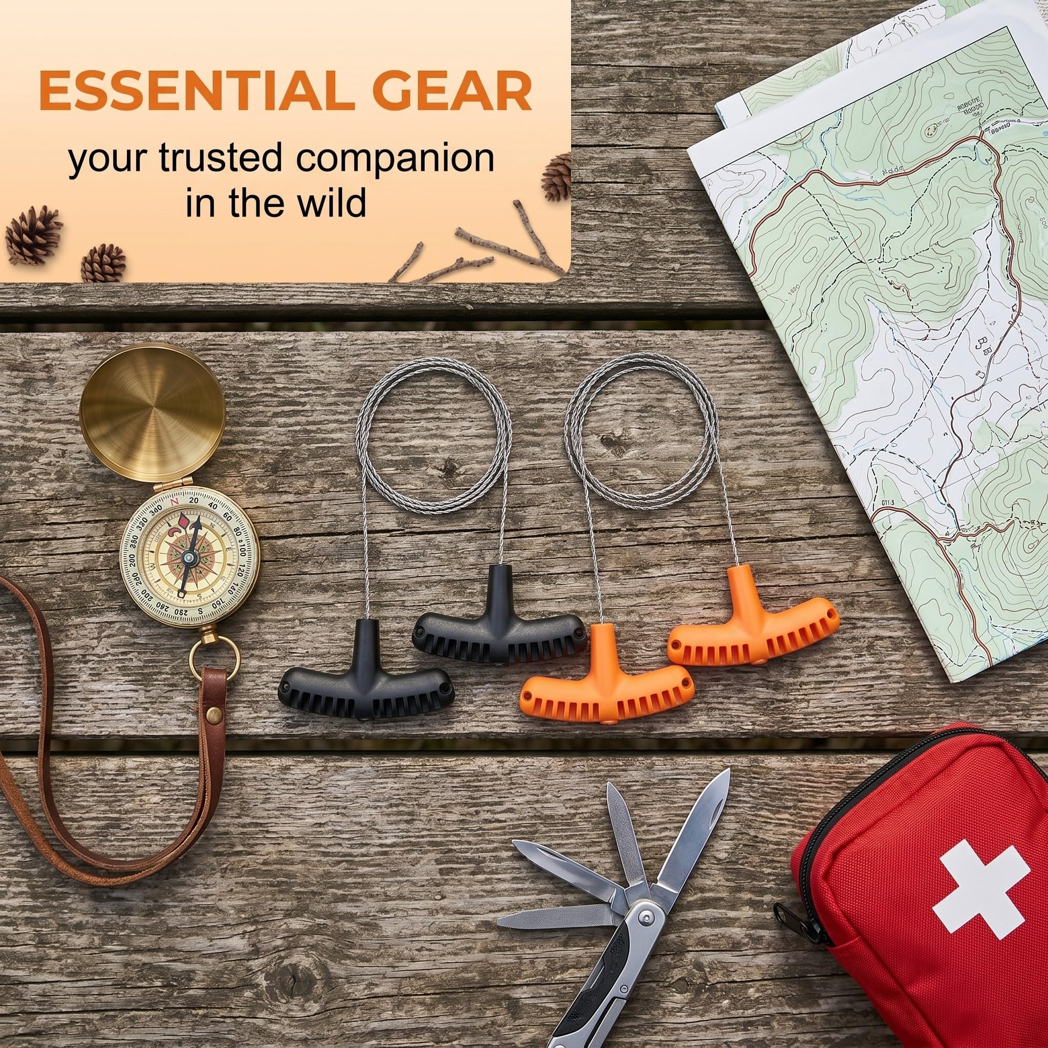 4 Pezzi Sega a Filo in Acciaio Inossidabile, Seghetto a Filo 70cm con Impugnatura a T, Sega Tascabile Portatile per Sopravvivenza, Campeggio, Trekking e Taglio Legno (Nero e Arancione)