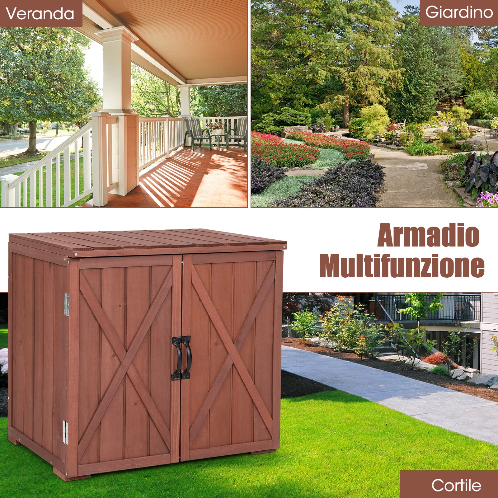 COSTWAY Casetta da Giardino in Legno di Abete, Capanno da Esterno con Doppie Ante Magnetiche e Comode Maniglie, Ideale per Giardino, Giardino, Fattoria e Cortile, 77 x 56 x 72 cm
