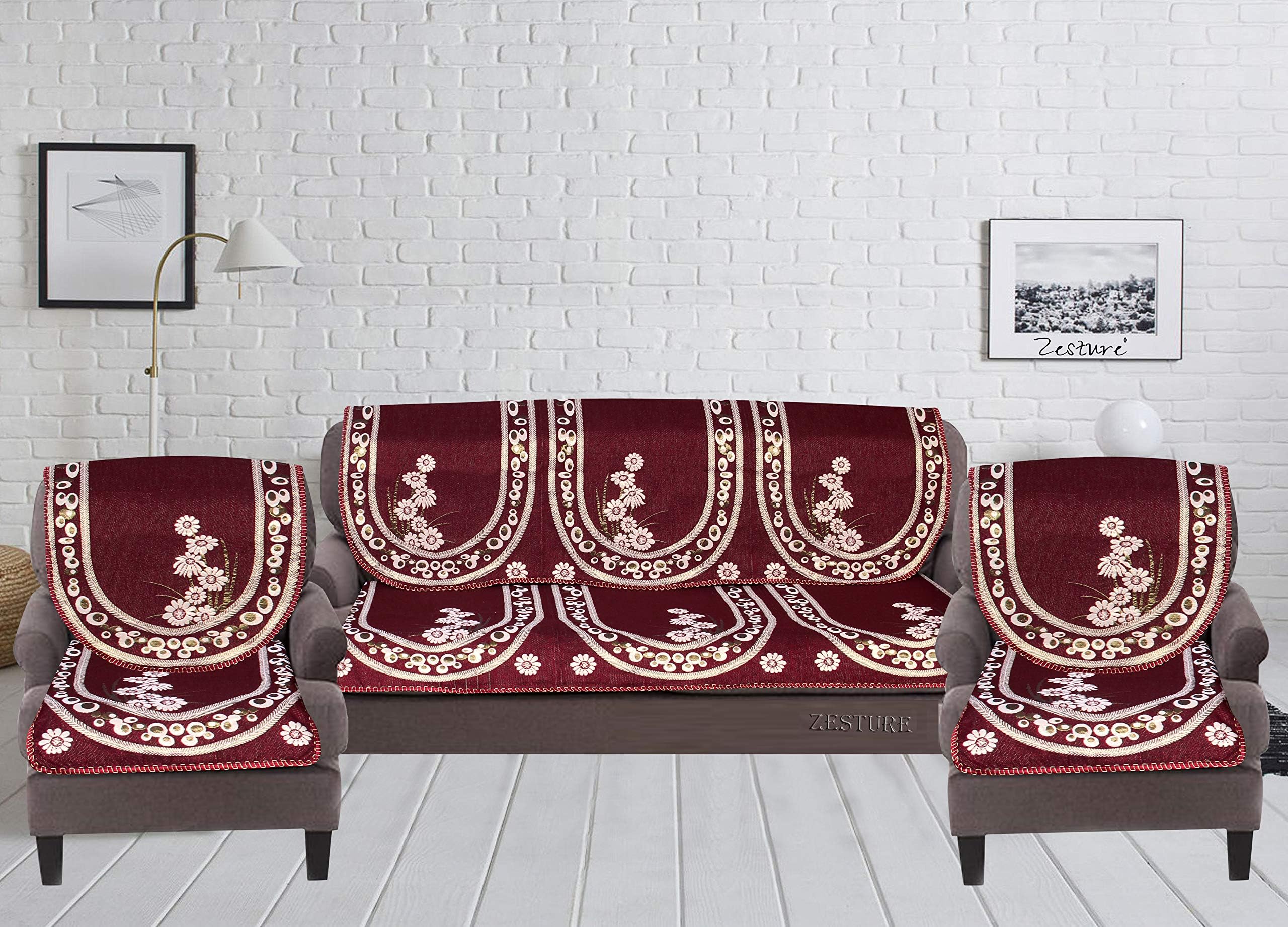 Zesture Home Jacquard Weaved Maroon Floral Design Protective 6 Piece Sofa Covers and Chair Cover Slip Cover Set (3+1+1)