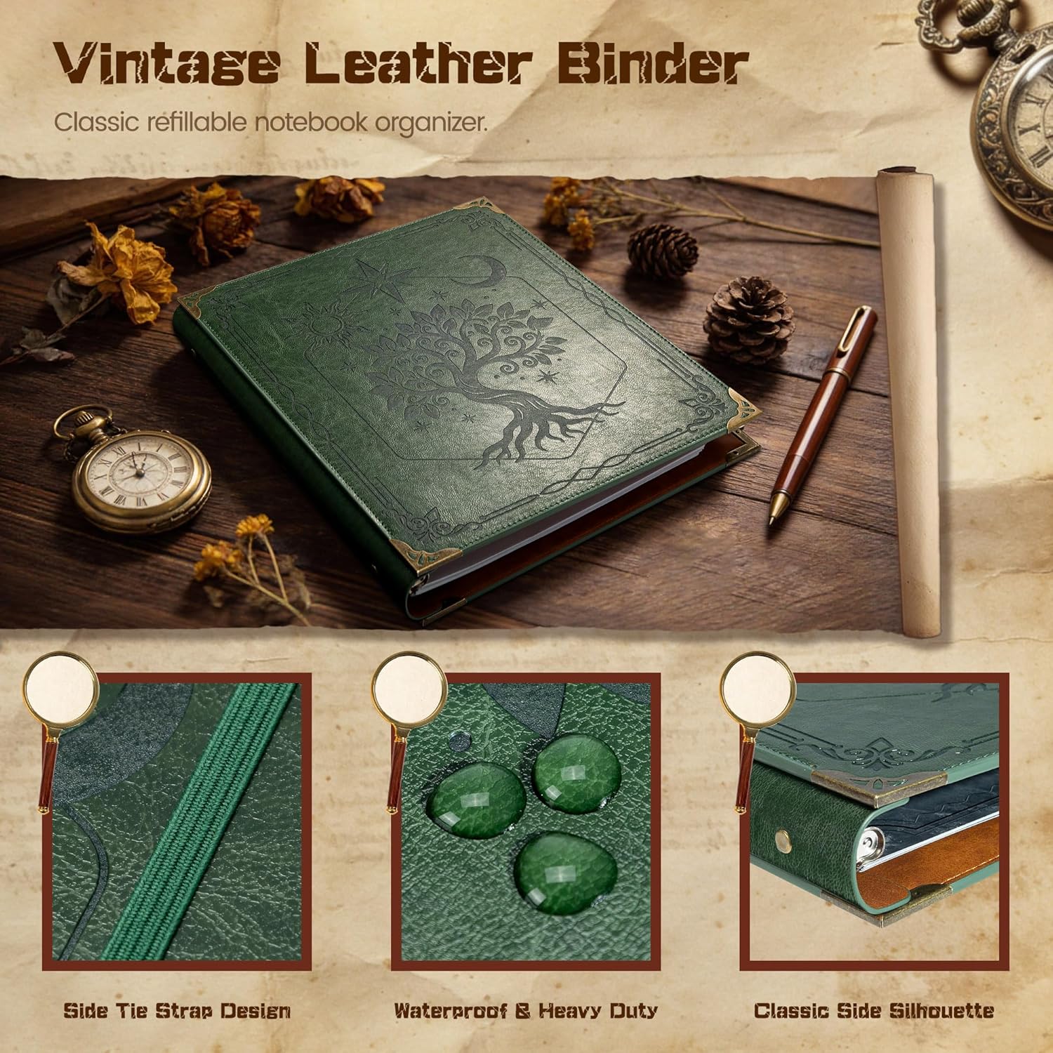 Ospelelf 3 Ring Binder 1 Inch Leather Vintage Hardcover Binder Dividers with Tabs for Letter Size 8.5"x11" Paper, Binder with Pockets for Photo Album, Document Organizer and Family History, Green Tree