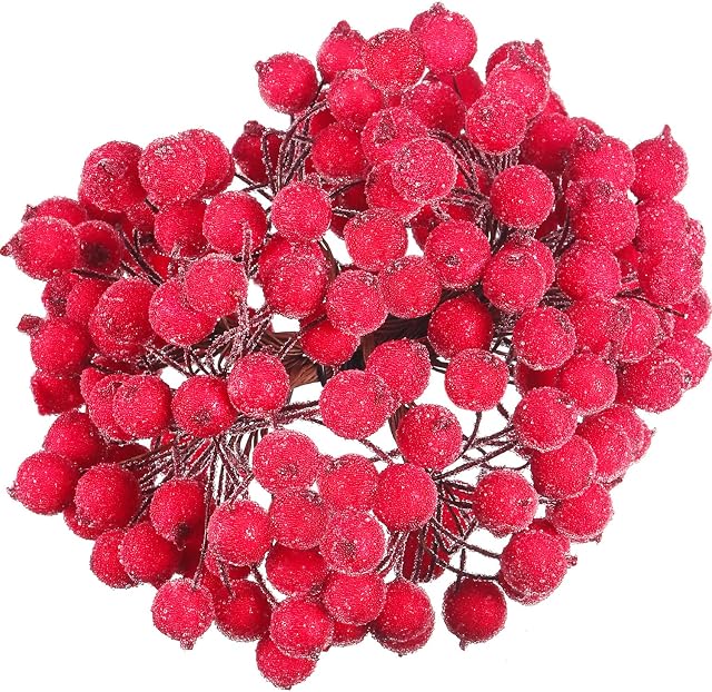 Tatuo Pack of 200 Pieces Frosted Fruit Holly Berries Mini Christmas Artificial Berry Flower for Home, Wedding, Party, Birthday, DIY Decoration (Red)