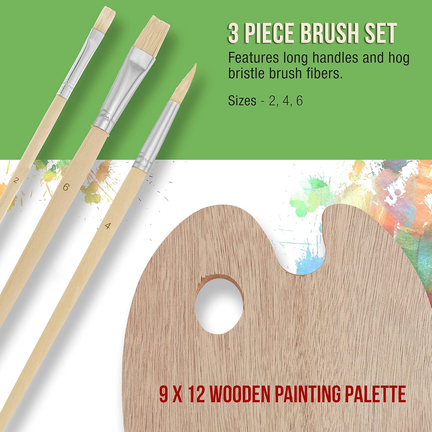 U.S. Art Supply Wood Painting Palette Set with 6-Piece Acrylic Paint Tubes and 3 Brushes - Artist Palette for Painting