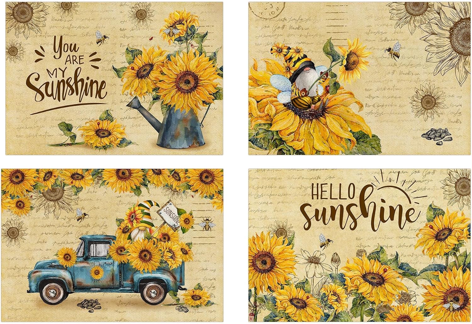 Pinata Sunflower Placemats Set of 4, Vintage Sunflower Kitchen Decor, Yellow Gnomes Place Mats for Kitchen Dining Room Table Decoration, Decorative Farmhouse Summer Fall with Rectangle Pad Placemat