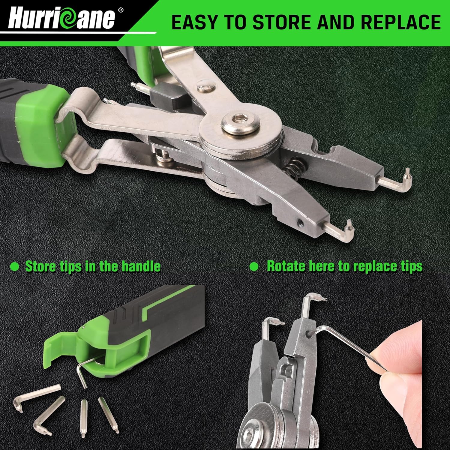 HURRICANE 8" Quick Turn Snap Ring Pliers with Interchangeable Tips, Straight and 90° Curved Tips, HRC40-45 Hardness, Includes 4 Pairs of Tips for Precision Work, Ideal for Car Repair & Construction