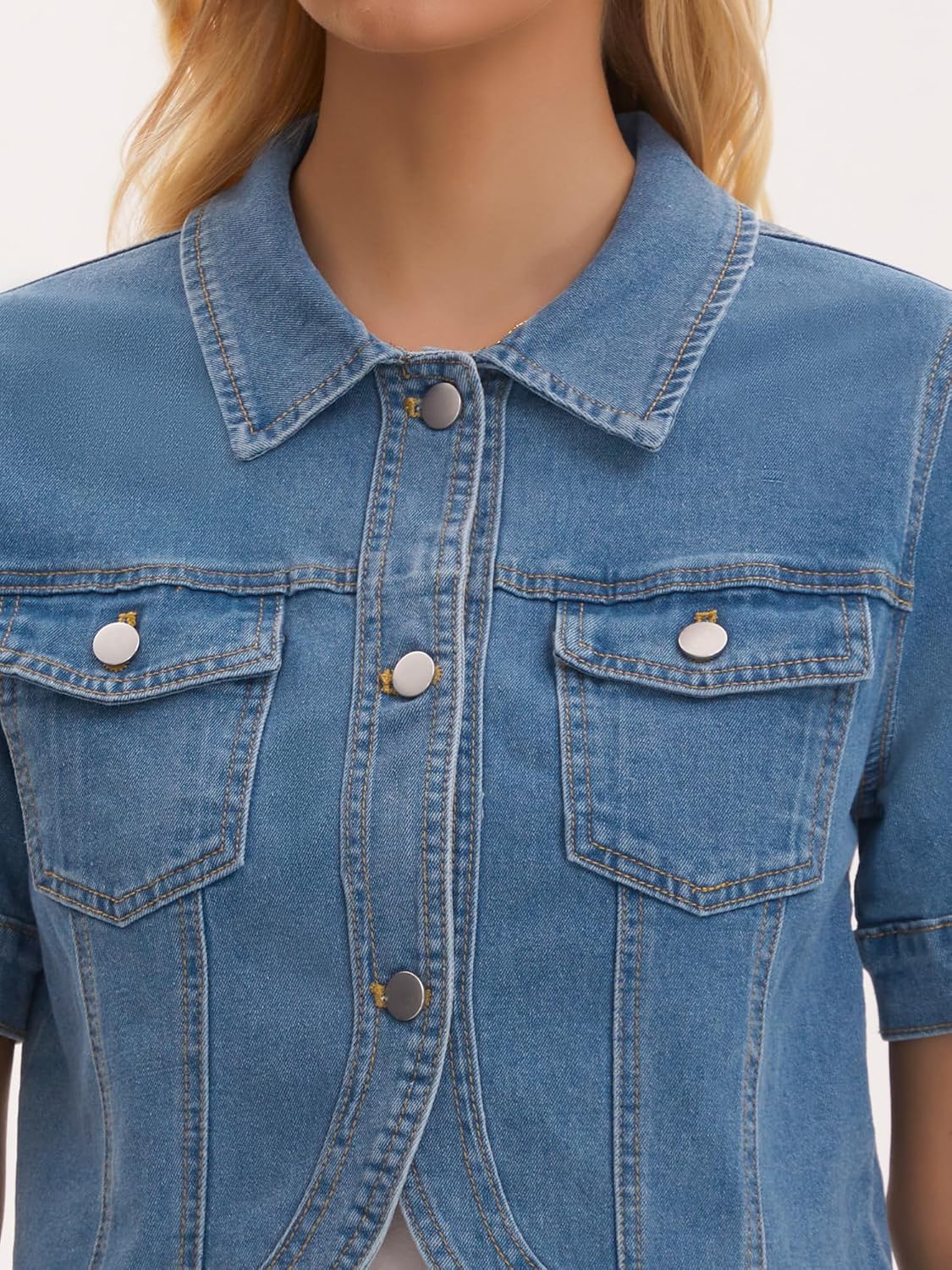 Women's Cropped Jean Jacket Short Sleeve Button Down with Pockets Classic Denim Jackets - Image 5