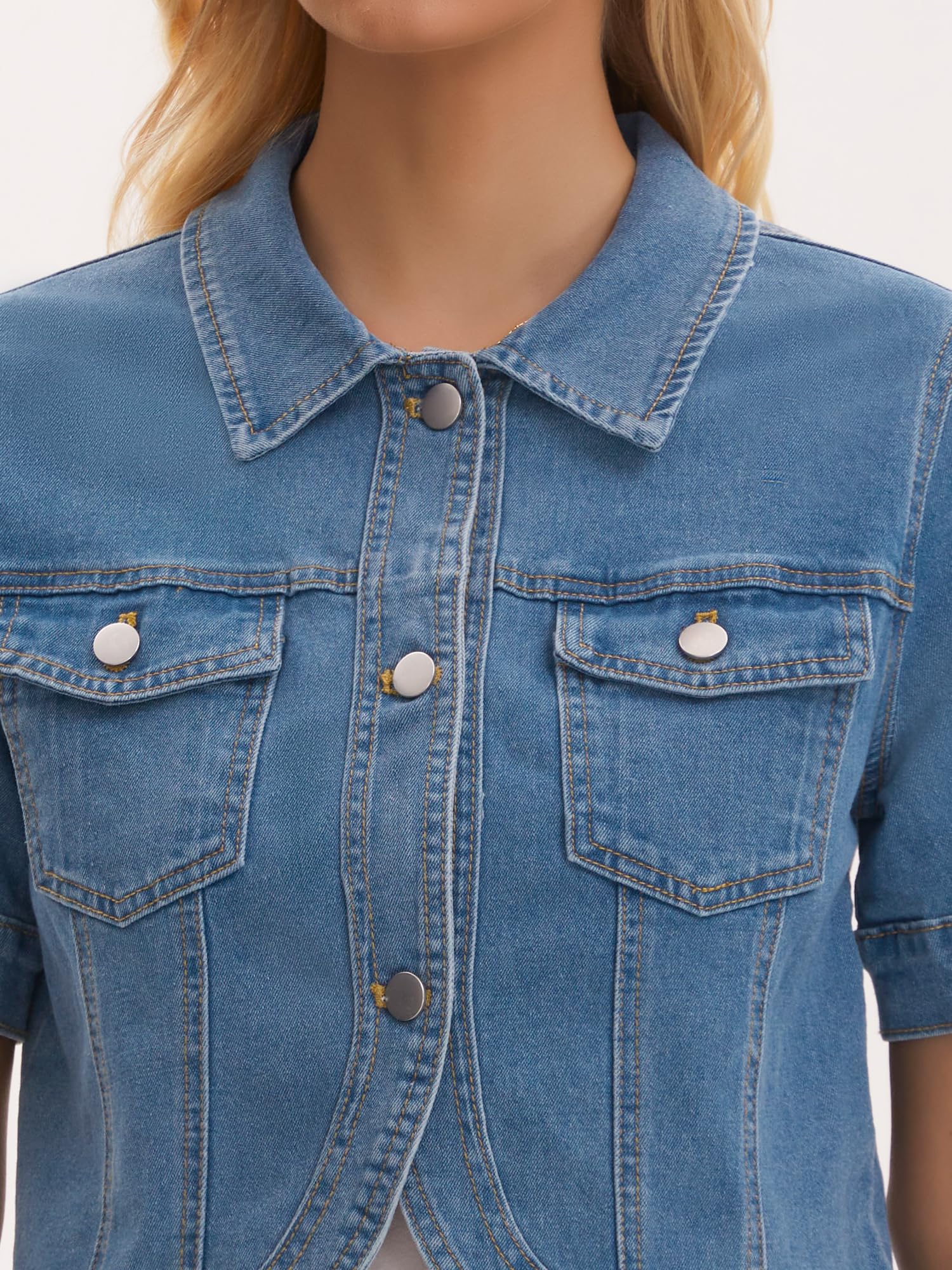 Veste en Jean Femme Manches Courtes Blouson Courte Boutonnée avec Poches Style Rétro et Classique Boléro en Denim