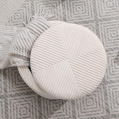 Miniatura 8 de Adeco Otomana redonda, otomana beige con almacenamiento, 15.35 pulgadas de diámetro x 16.53 pulgadas de alto, taburete tapizado de terciopelo para