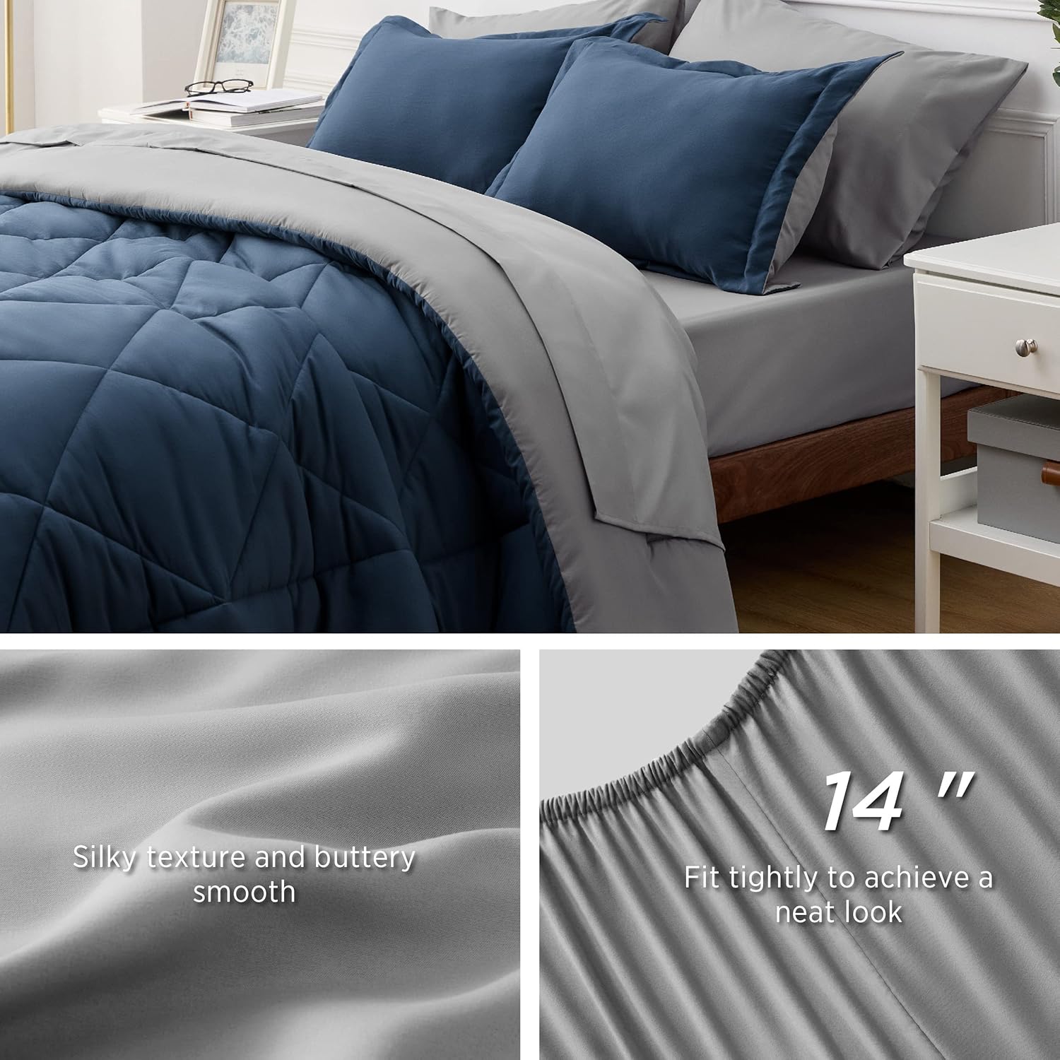Bedsure Queen Comforter Set Reversible Grey Bundle Navy