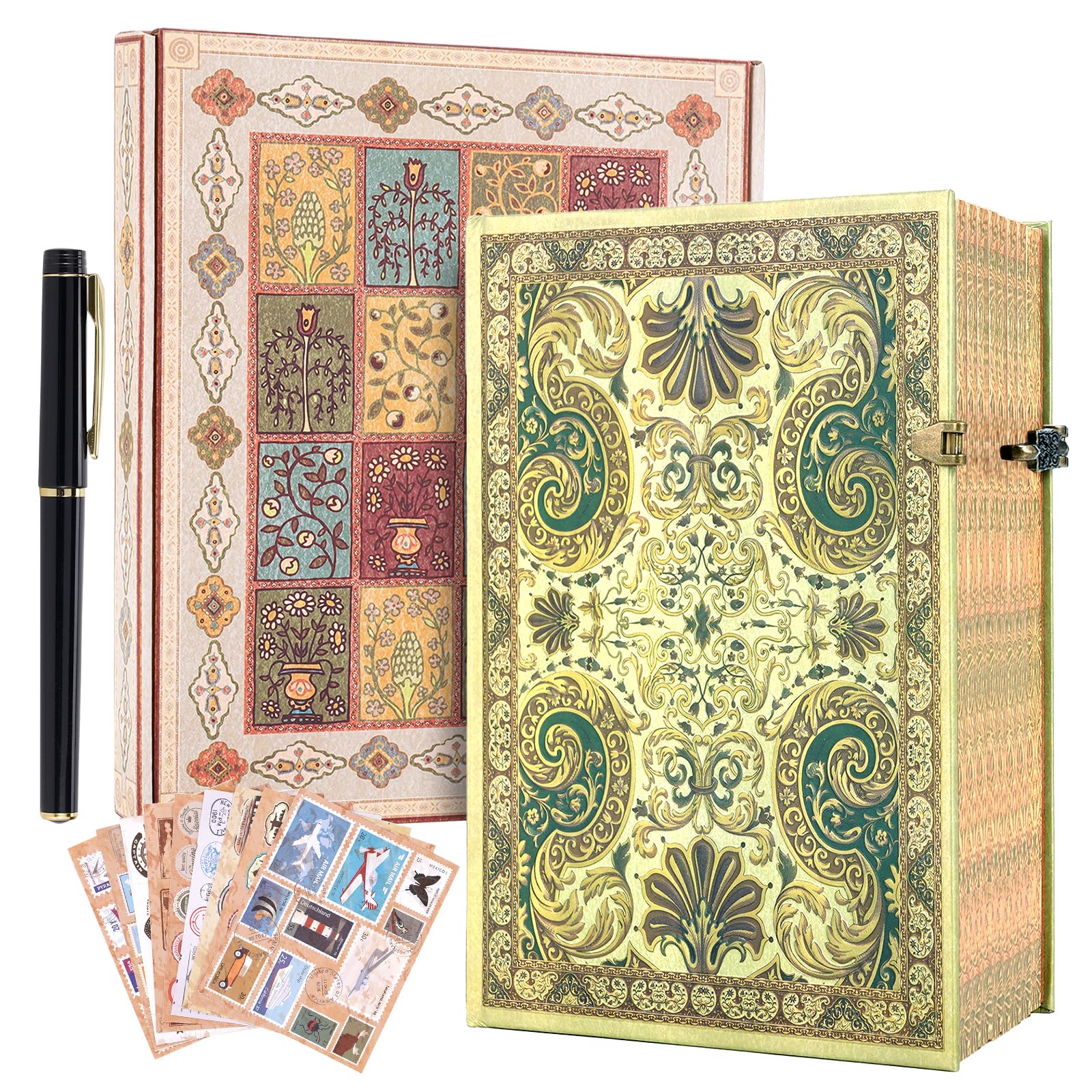 Diario de tapa dura con cubierta de ensueño dorado en 3D, 96 hojas/192 páginas, diario con forro vintage, viene con bolsillo de sobre, adecuado como cuaderno, diario de viaje o aniversario de boda
