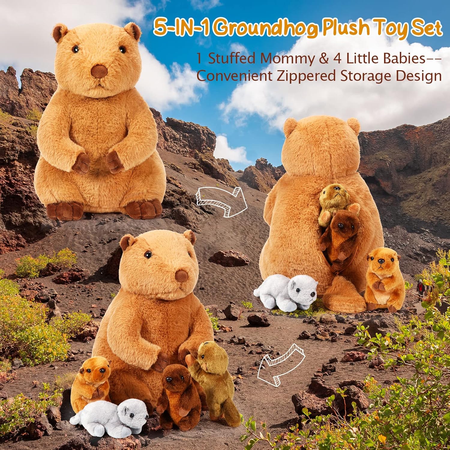 Deekin 5 Pcs Groundhog Plush Stuffed Animal Set 14 Inch Groundhog Mommy with 4 Cuddly Valentine Plush Marmot Babies in Belly for Birthday Holiday Party Favors Decoration