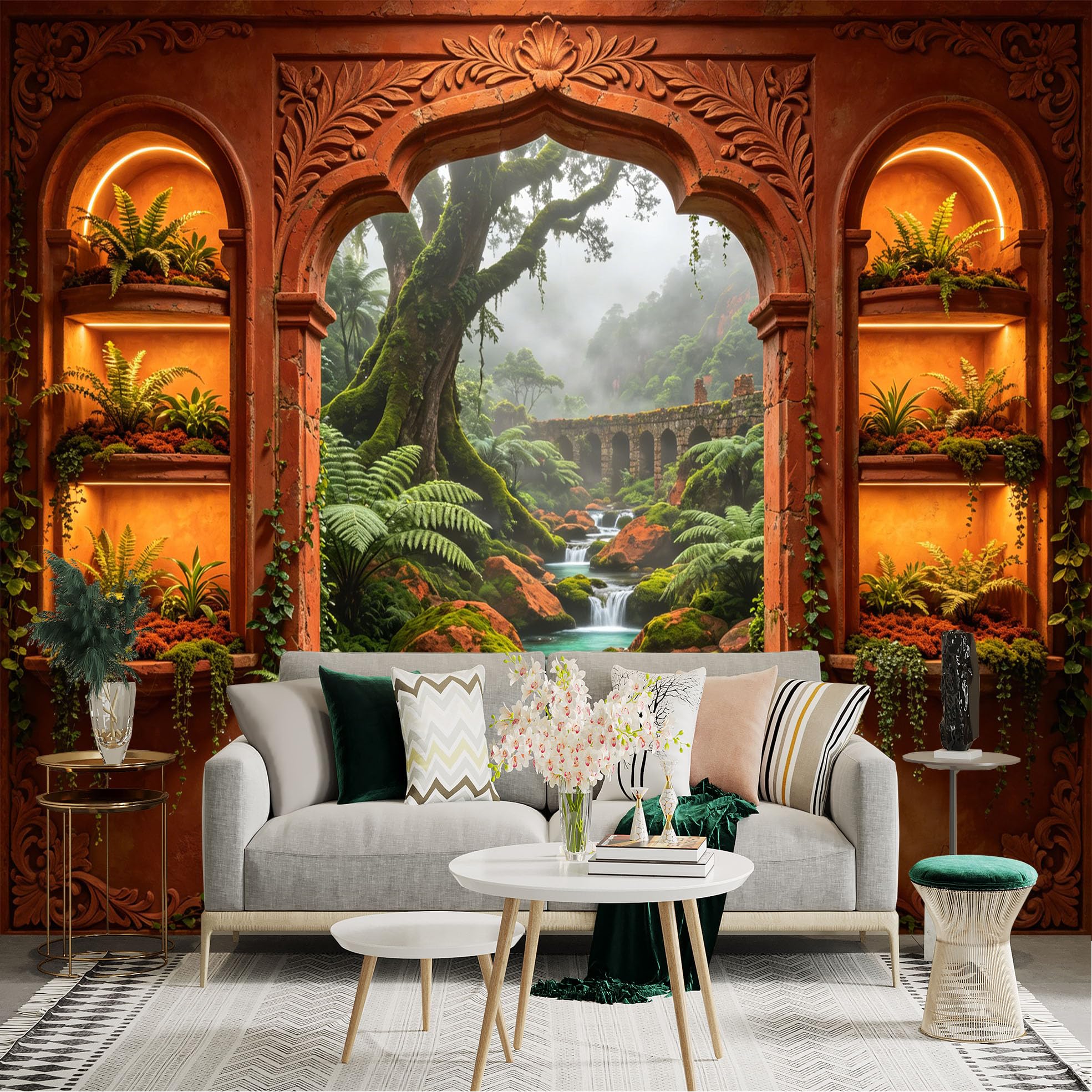 Custom Size Wall Sticker Mural， Tropical Forest with Waterfall， Stone Bridge and Lush Greenery， for wall Decoration， peelandstick wall Decals.