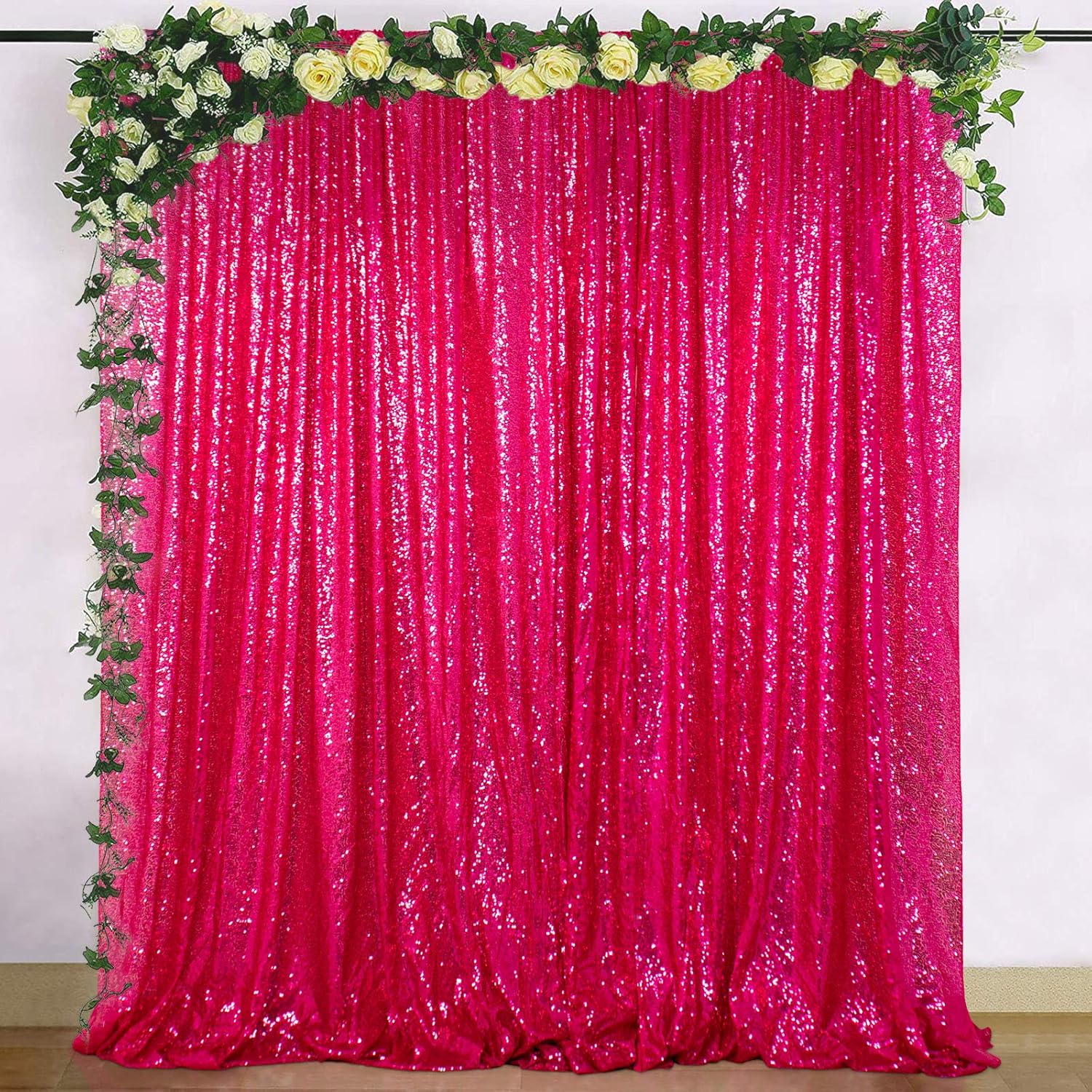 ShiDianYi Hot Pink Sequin Photo Backdrop Wedding Photo Booth Photography Background Ceremony Fuchsia Shimmer Backdrops Curtain Panel (7FTx7FT, Hot Pink)