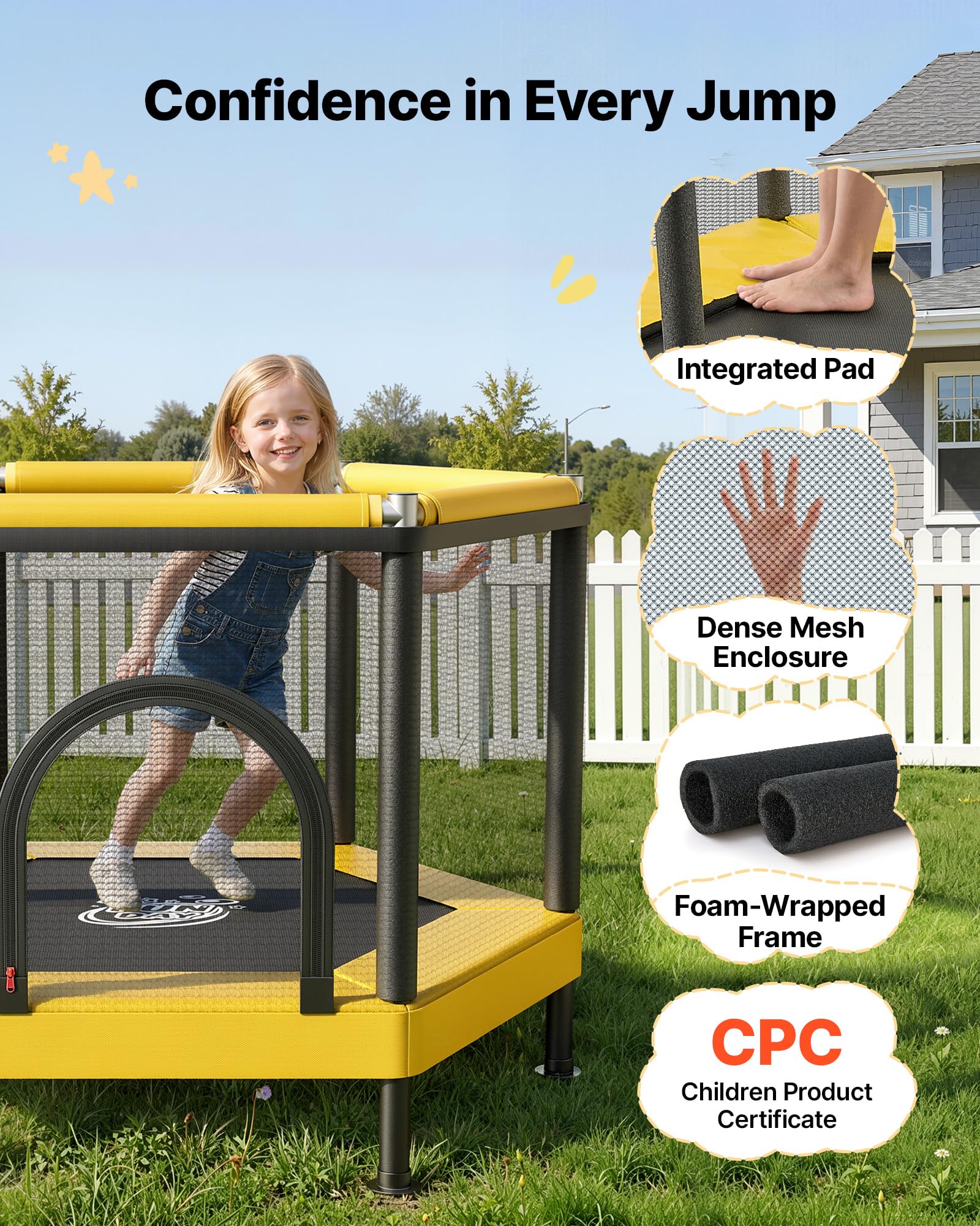 VEVOR Trampolino Elastico da Interno per Bambini Carico Dinamico 60 kg, Mini Trampolino con Rete di Protezione Giocattolo da Interno con Canestro da Basket Forma a Esagonale Tappeto Elastico in PP