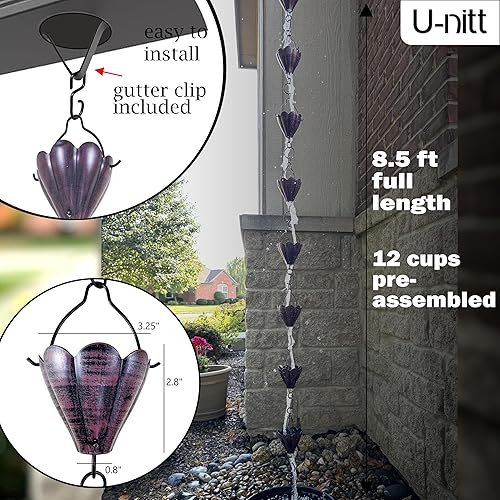 Miniatura 4 de U-nitt Cadena de lluvia colección de agua para canalones, atrapador de agua de lluvia y desviador, cadenas de 8.5 pies para jardín exterior, copas