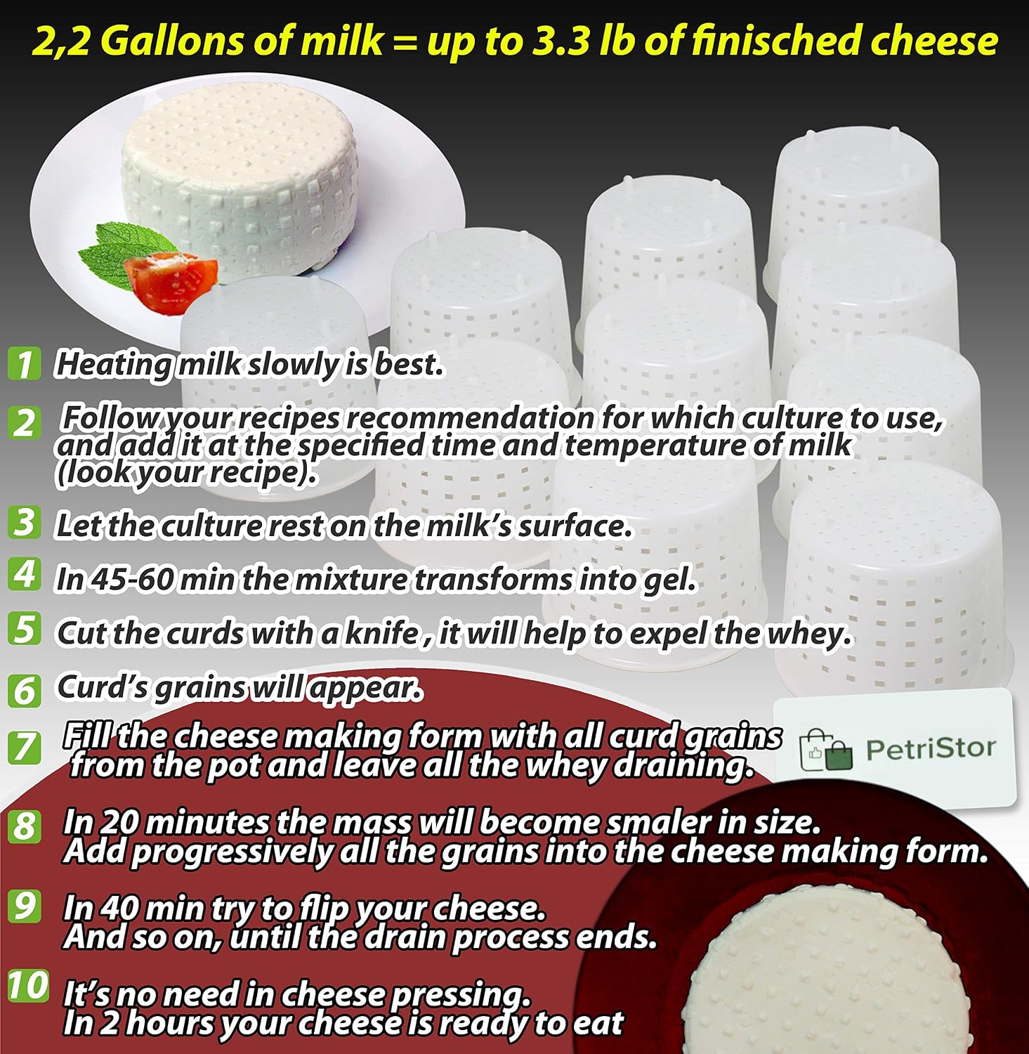 PetriStor 10pcs Small Cheese Mold for Cheese Making 1/3 qt - Soft Cheese Molds - Homemade Cheese Making Supplies - Cream Cheese Form Mold - Moldes Para Queso Fresco Casero - Feta Cheese Making