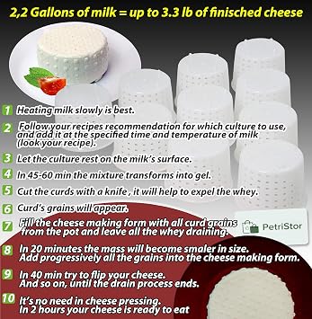 PetriStor 10pcs Small Cheese Mold for Cheese Making 1/3 qt - Soft Cheese Molds - Homemade Cheese Making Supplies - Cream Cheese Form Mold - Moldes Para Queso Fresco Casero - Feta Cheese Making