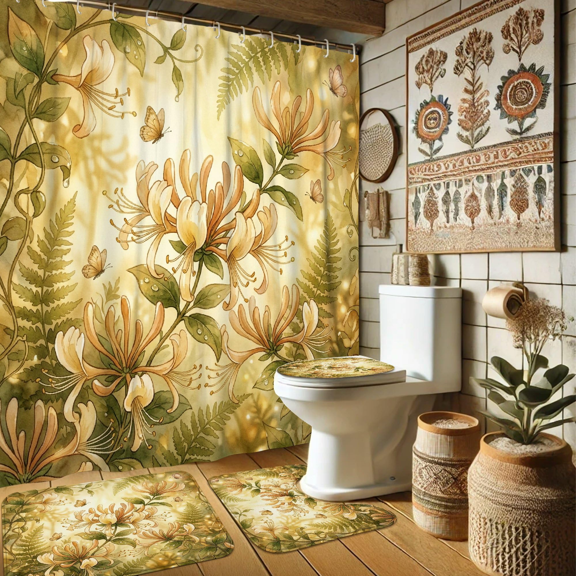 Rideau de douche anti-moisissure botanique 183x183 et tapis pour sol toujours sec