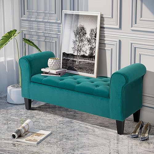 Miniatura 4 de HOMCOM Banco otomano de almacenamiento con botones, banco tapizado con reposabrazos enrollados para sala de estar o pasillo, color verde