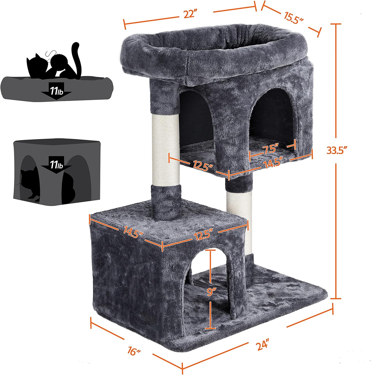 Yaheetech Cat Scratching Post, 33in H Cat Scratcher with Sisal Rope, Cat Furniture w/Large Condos＆Top Perch for Indoor Kitten/Adult Cats, Dark Grey