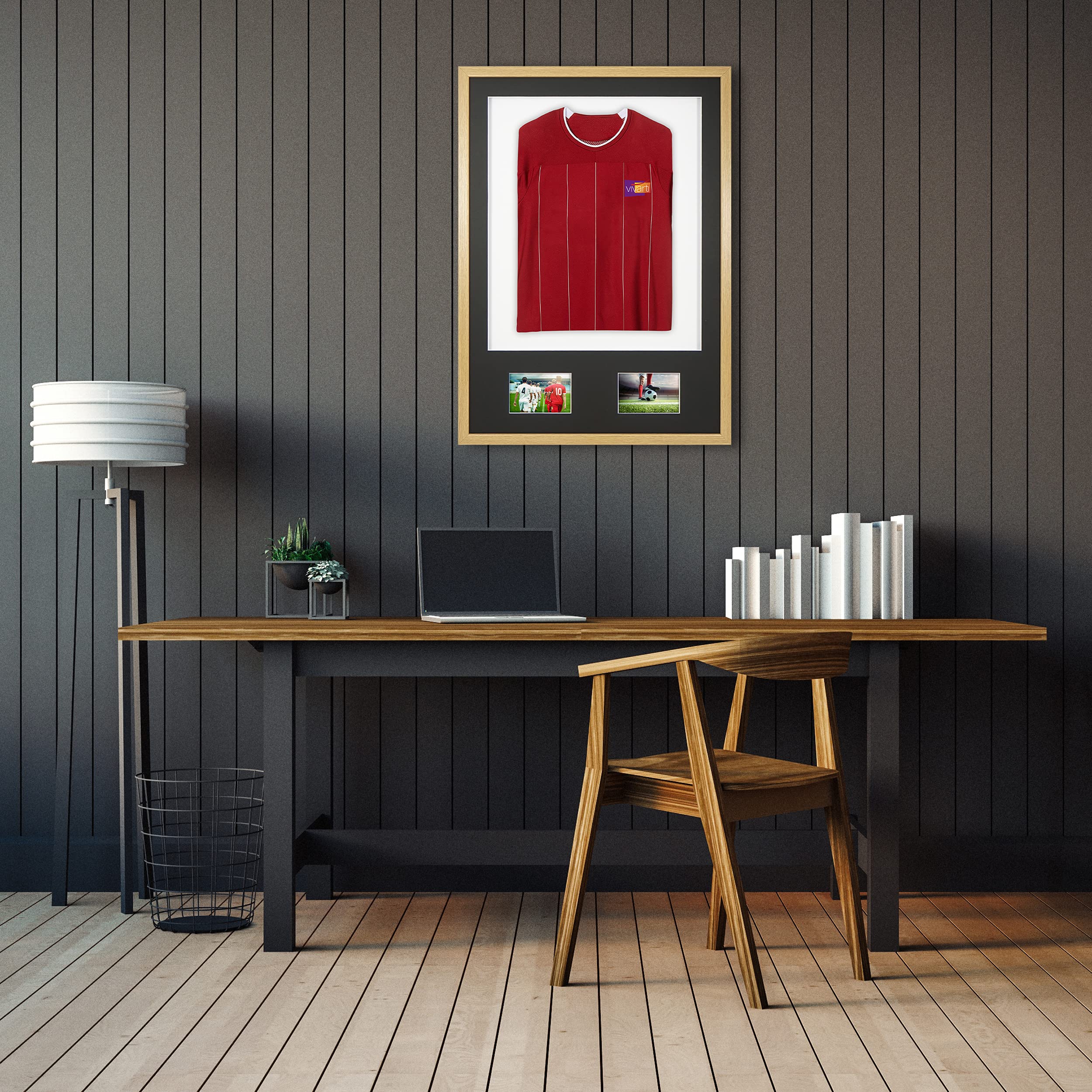 Vivarti DIY Junior 3D montado + marco de visualización de camisa deportiva de doble apertura A1 59,4 x 84 cm - Marco de roble, soporte negro, tarjeta de respaldo blanca