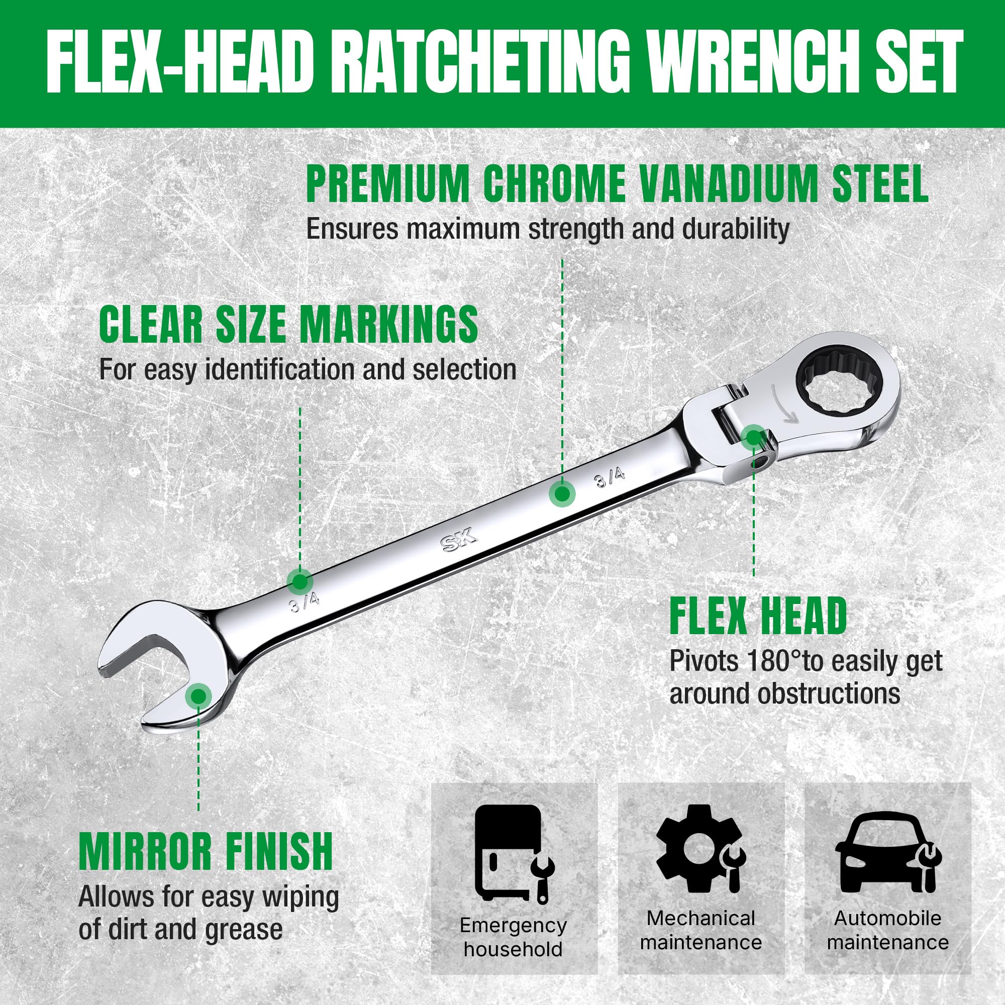 SK Juego de llaves de trinquete Flex-Head, juego de llaves combinadas, 8 piezas, SAE 5/16 pulgadas a 3/4 pulgadas, 72 dientes, construcción CR-V premium, con organizador de estante