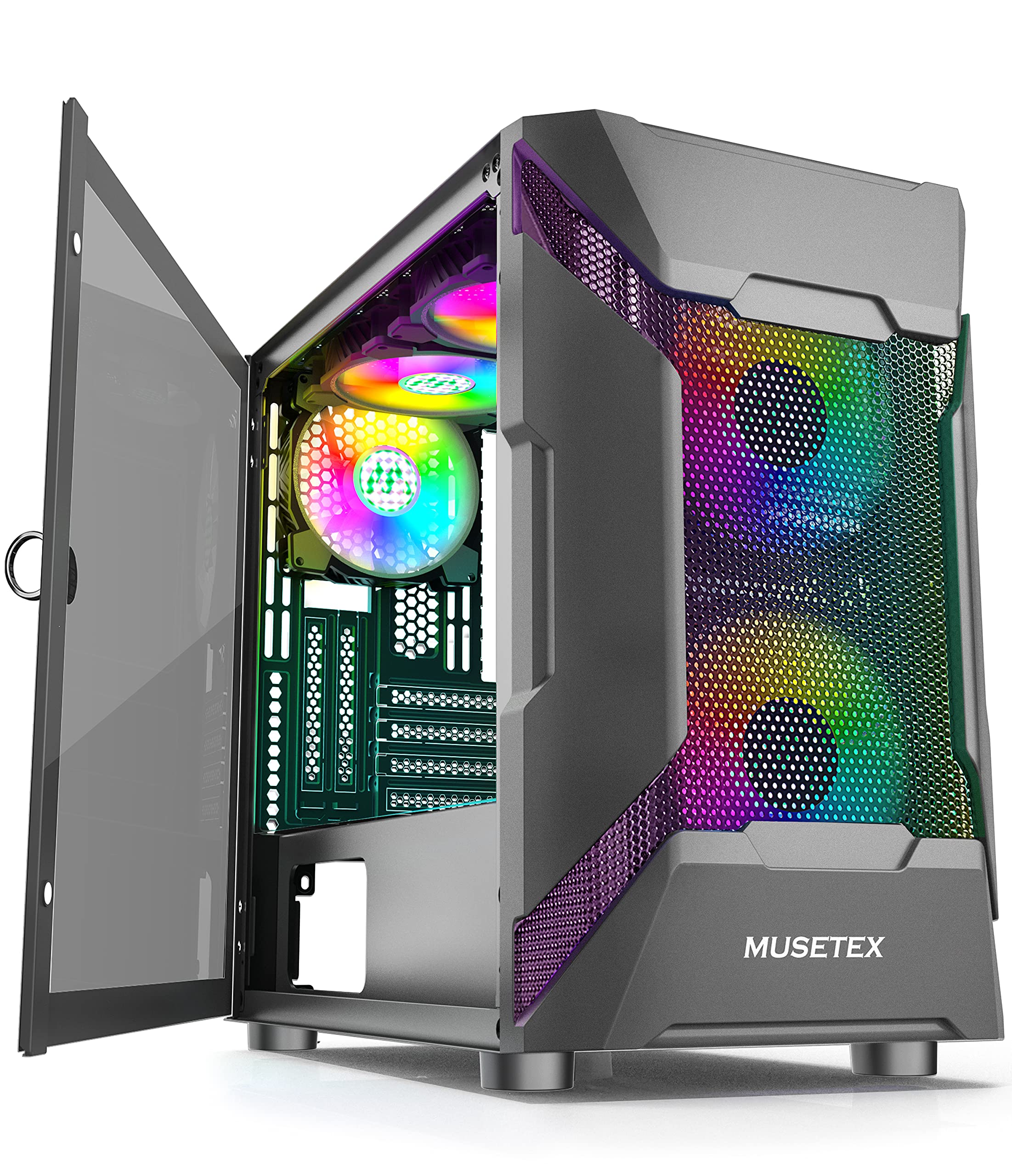 MUSETEX MESH Micro ATX Case 5 PCS ARGB Fans PreInstalled,2 × USB 3.0