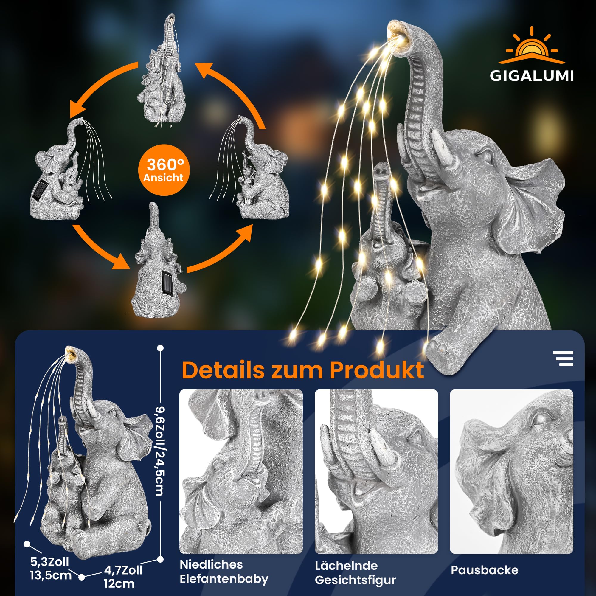 GIGALUMI Solar-Gartenstatuen, Elefantenfigur, Lichter für den Garten, einzigartige Geschenke für Mutter und Frauen, Terrassendekoration