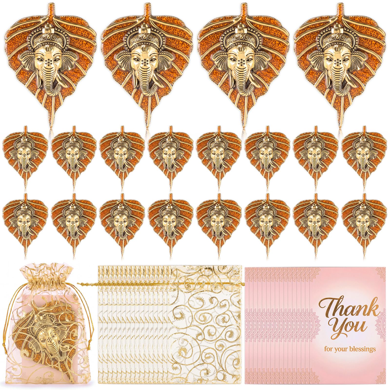 Marsui 16 Stück indische Pooja-Rückkehr-Geschenke, Metallblätter, Ganesha-Dekor, Dankeskarten, Organza-Beutel, Diwali-Rückgabe, Geschenke für Gäste, Diwali, Hochzeit, Einweihung, religiöse Zeremonie