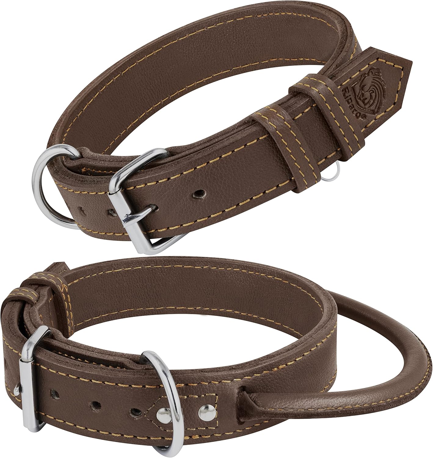 Riparo Leather Dog Collar with Rolled Leather Handle - Heavy Duty Dog Collars for Large and Extra Large Dog Breeds (XXL: 2” Wide for 26” - 31” Neck, Brown)