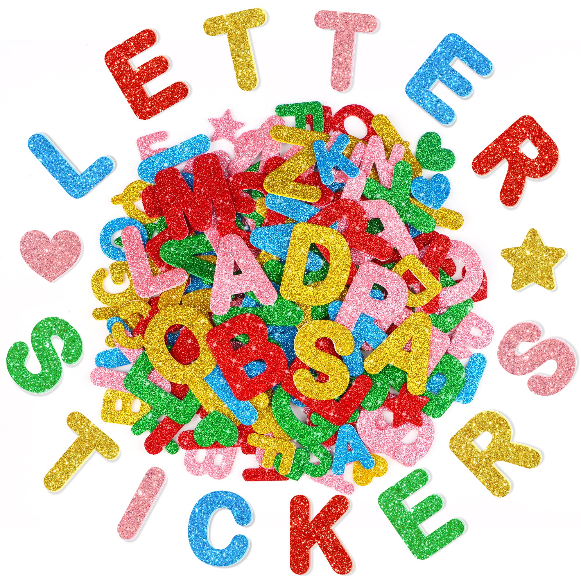 320Pcs Foam Letter Stickers,Glitter Foam Alphabet Stickers Self Adhesive,1.5 inch 1 inch Colourful Letters Heart Star Stickers for DIY Crafts Scrapbook Classroom Supplies School Project Decor(Letter)