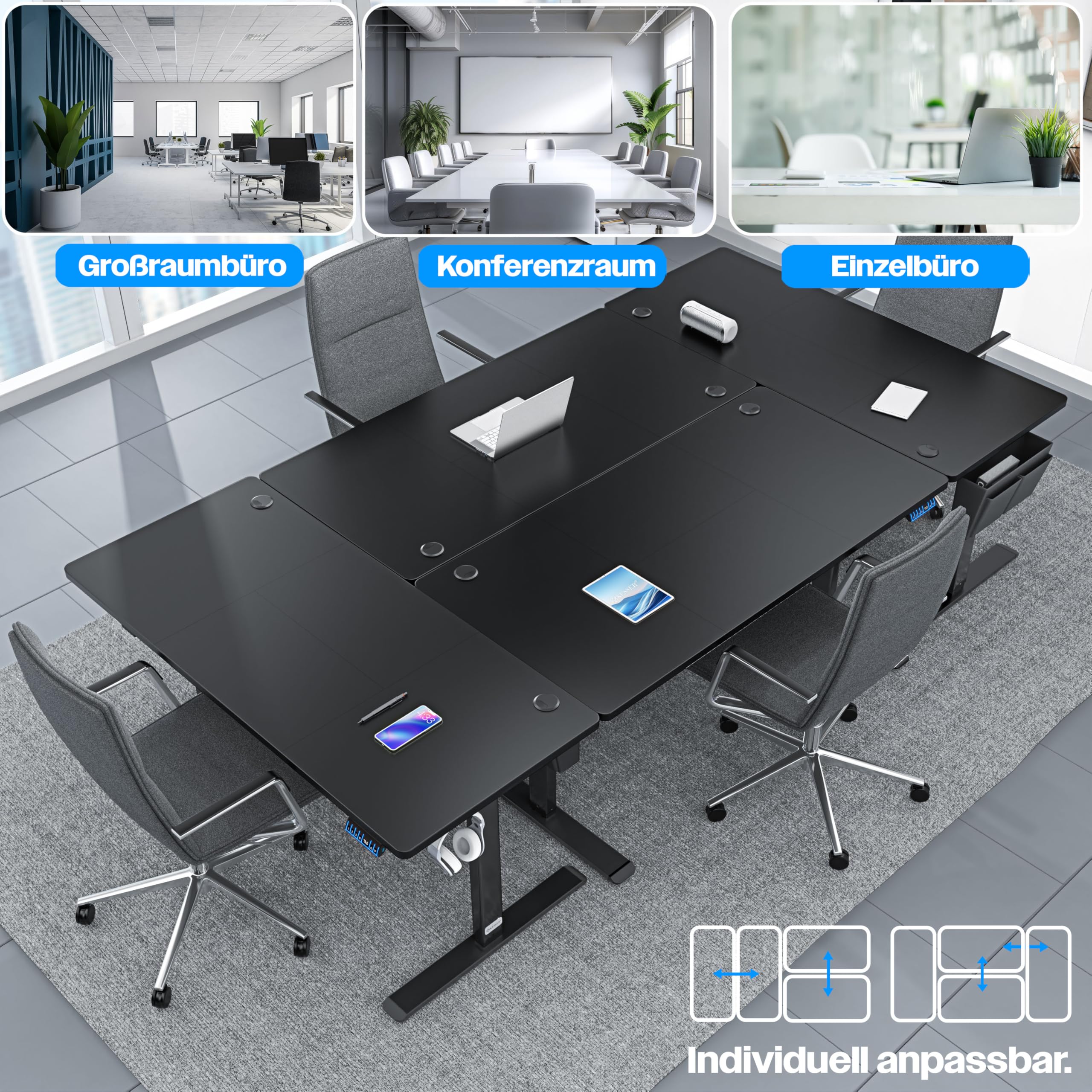 KESSER® höhenverstellbarer Schreibtisch elektrisch 180 x 80 cm, ergonomischer Steh-Sitz Tisch mit 3-Memory-Funktion, Stehtisch für Homeoffice, Inkl. Zubehör, USB-Ladeanschluss & 360° Rollen, Schwarz
