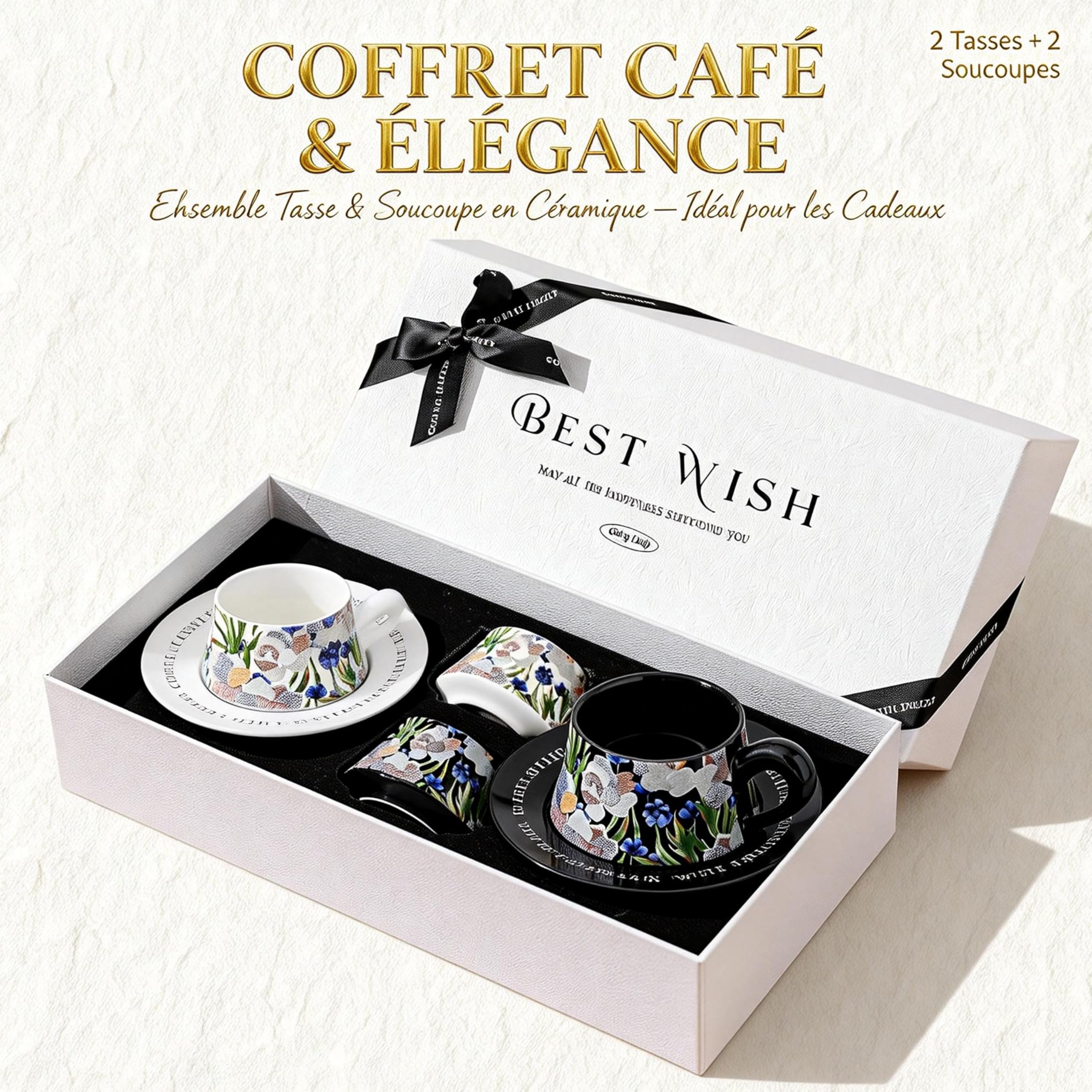 TERRATERRA Tasse à Café en Ceramique 270ml - Lot de 2 - Avec Soucoupe - Coffret Cadeau - Tasse à Thé - Tasse à Latte - Cadeau de Nouvel An
