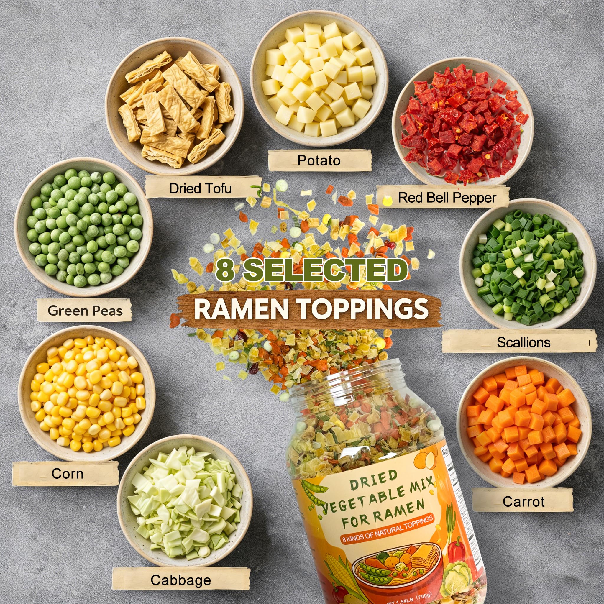 24Oz Mixed Ramen Toppings Dehydrated Soup, 700g All Natural Vegetable, 8 Freeze Dried Veggies for Noodles & Miso Soups, Camping, and Emergency Food,Plant-Based Dry Vegetable Flakes, No Additives- Clean Label,Vegan, Quick Prep