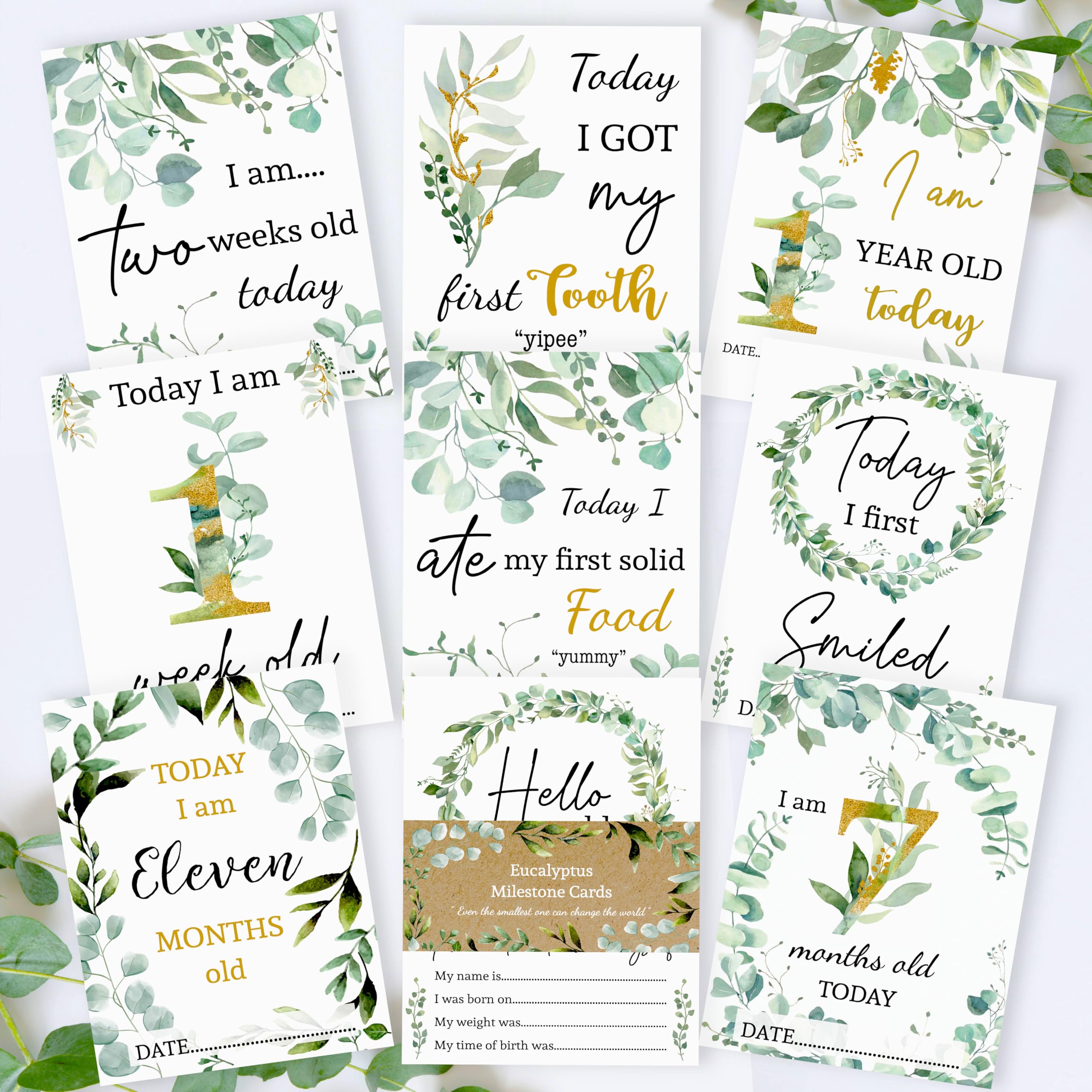 Botanical Boho Eucalyptus Baby Milestone Cards - Leaf-Inspired Newborn Memory Keepsake - Perfect Baby Boy & Girl Gift Set - Nature-Themed First Year Moments - Unique Boho Baby Gift