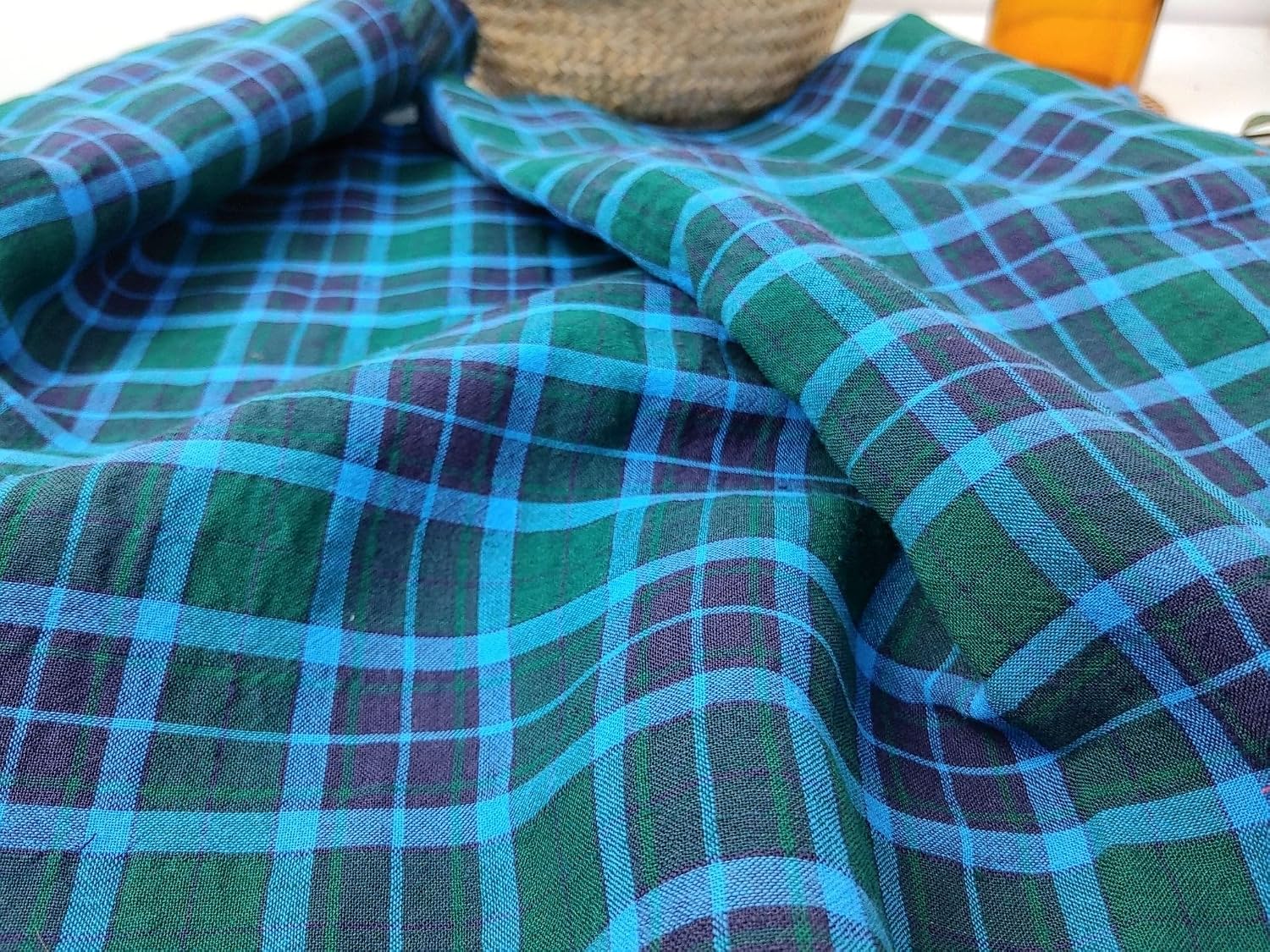 Wrinkled Tartan Fabric: Linen Cotton PU in Green, Wrinkled Effect 7360 Green