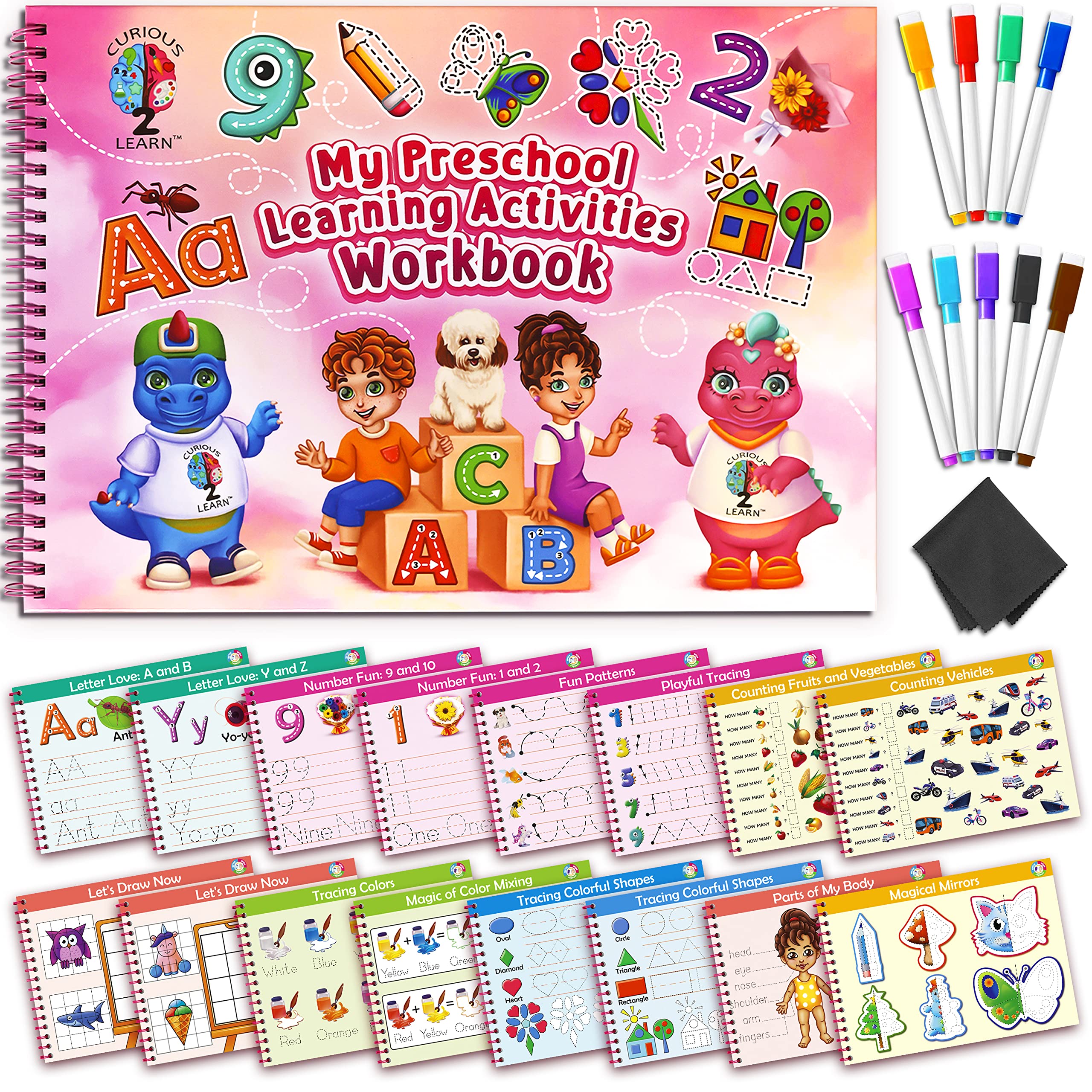 Hardcover Preschool Activity Workbook for Kids Ages 3–5 – 32 Montessori Learning Activities with 9 Markers – ABC, Numbers, Colors & Shapes – Educational Gift for Boys & Girls