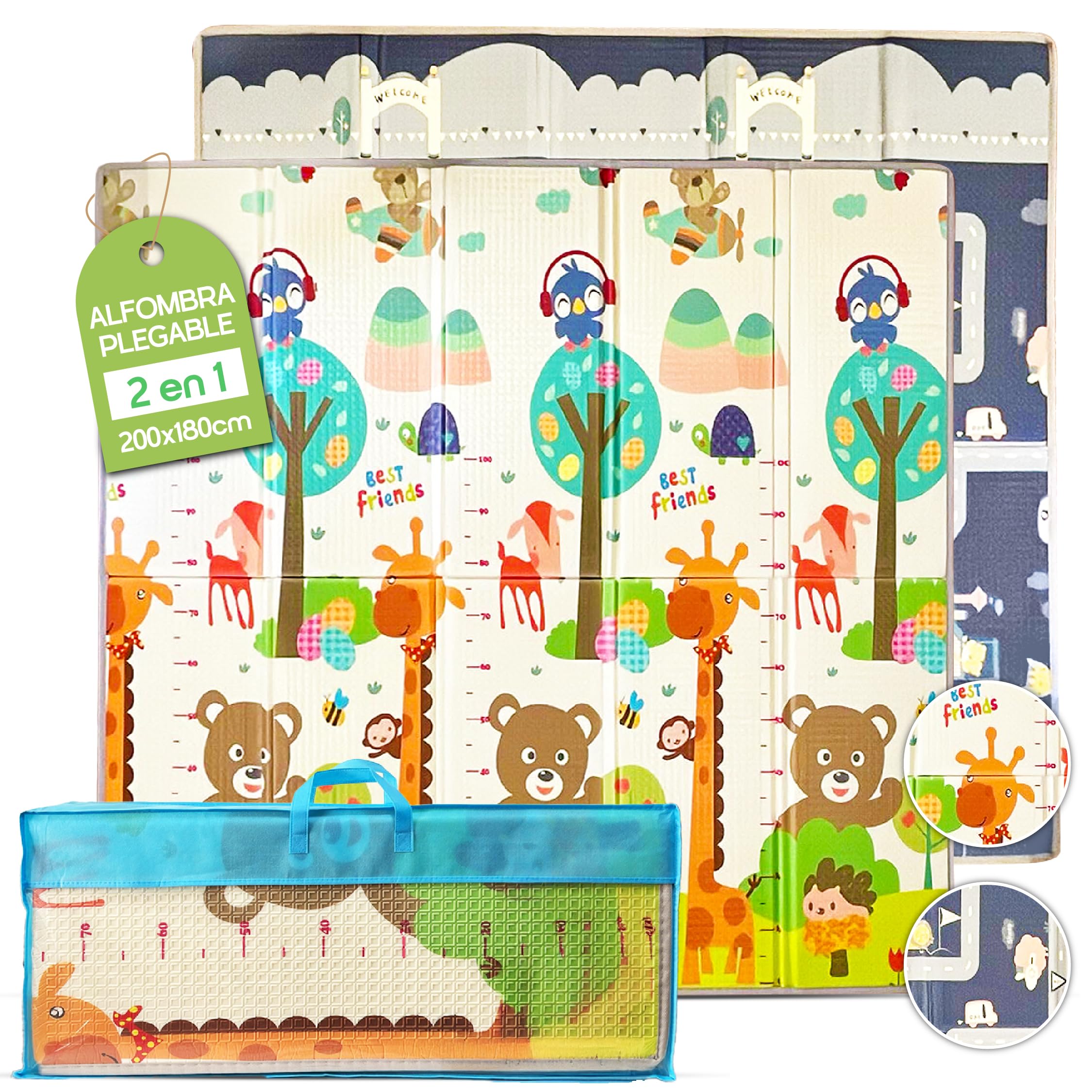 Alfombra Bebé Acolchada 200x180 cm - Grosor 1,5 cm - Bordes Reforzados - Plegable, Reversible, Impermeable y Antideslizante - Tapete de Juegos para Bebés y Niños - Blackhawk Shop
