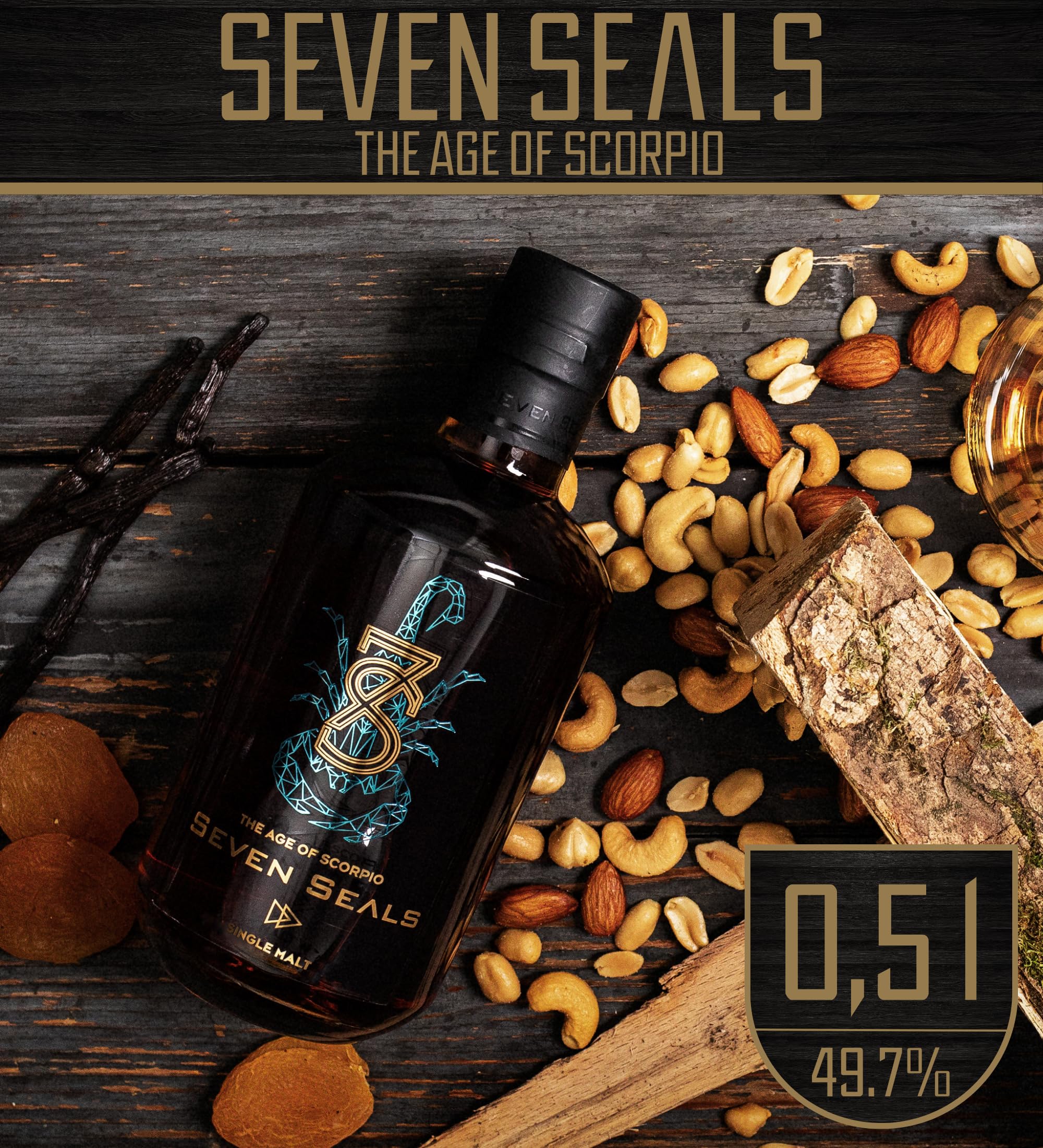 Seven Seals - The Age of Scorpio Premium Single Malt 0,5 I Geschenkset mit Holzbox | Geschmack & Aroma von Vanille, gerösteten Nüssen, Holz | Passendes Geschenk für Sternbild Skorpion | 49.7% Alkohol