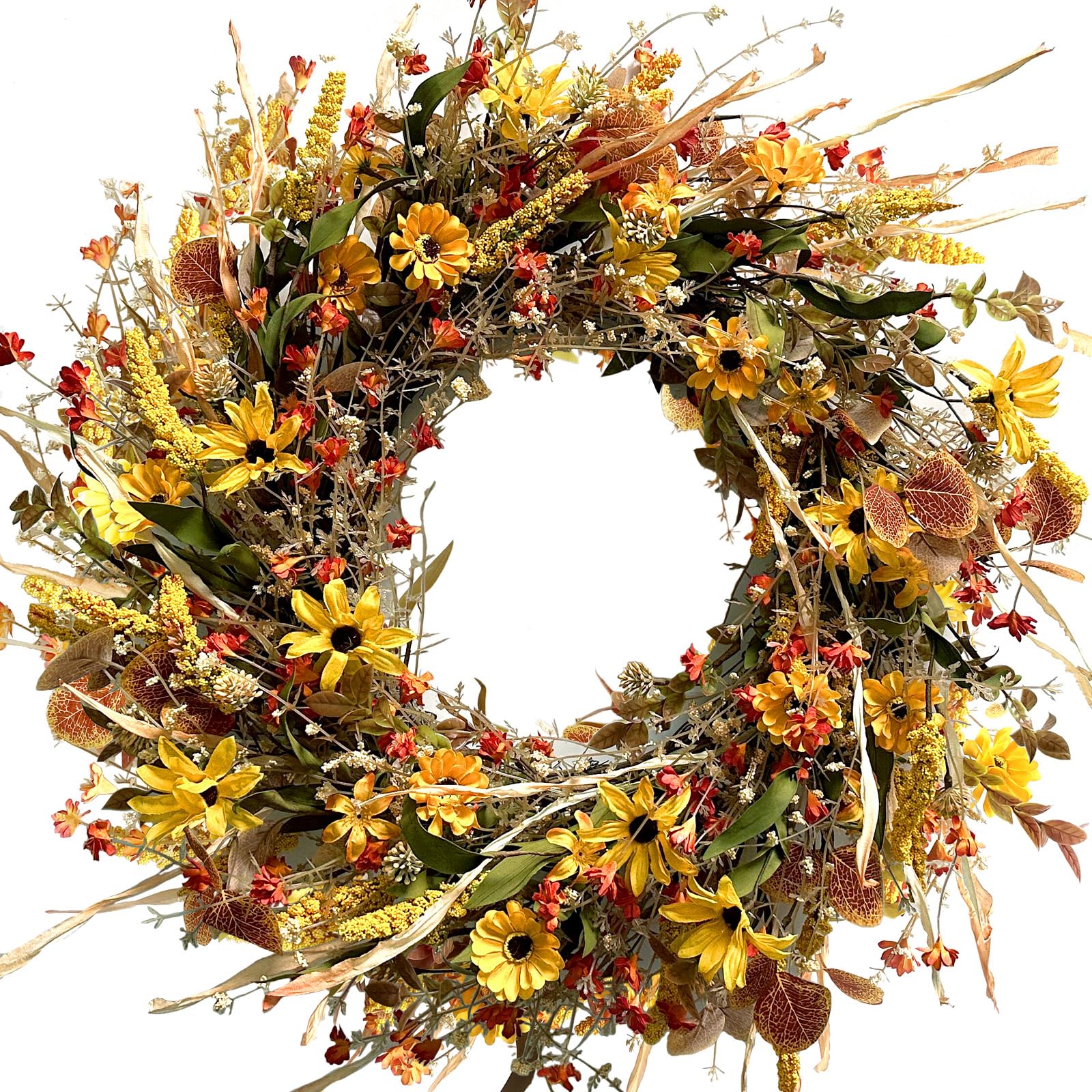 Egolot 24 Inch Large Yellow Daisy Flower Eucalyptus Leaves Wreath for Front Door, Spring Yellow Flower Wreath with Grain Picks and Wild Flowers for