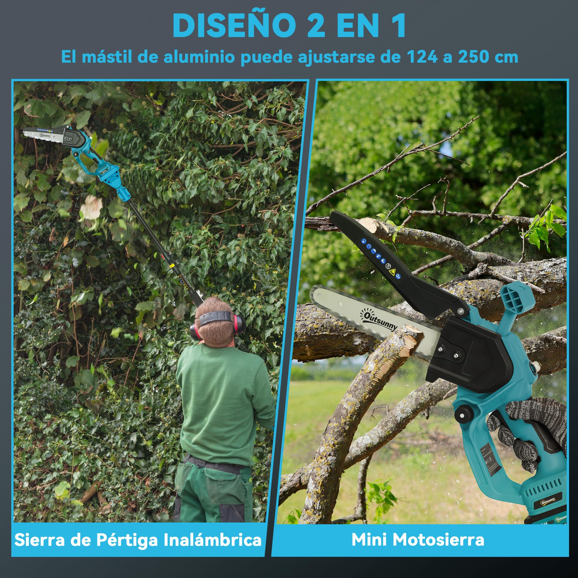 Outsunny Mini Motosierra Batería 6000mAh 8 Pulgadas 580W 2 Baterías | Motor sin Escobillas, Motosierra Eléctrica con Palo Extensible, Doble Bloqueo, para Podar Árboles, Jardinería y Madera