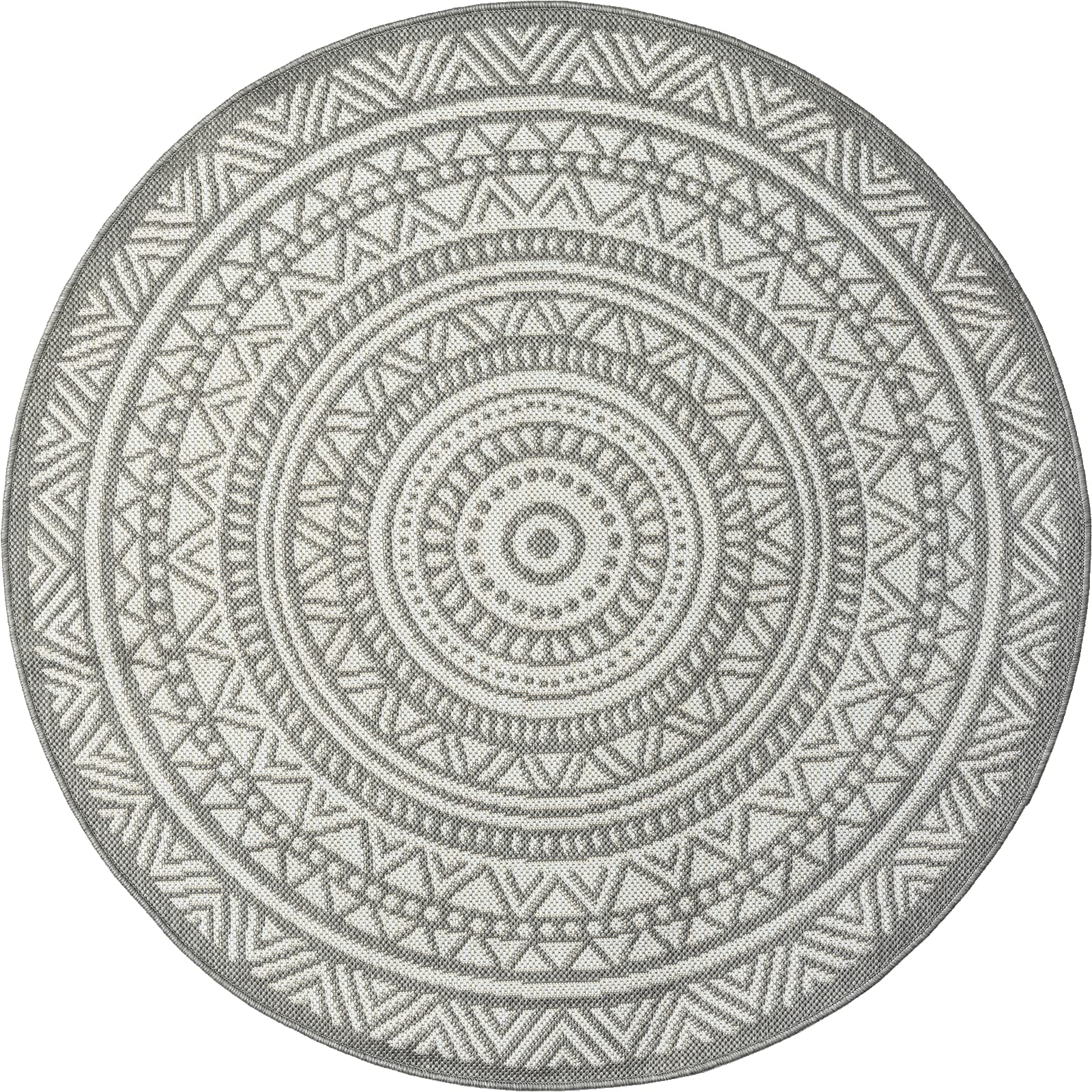 the carpet Mistra - robuster Outdoor Teppich, modern, Wetterfest & UV-beständig, für Balkon, Terrasse und Wintergarten Aber auch für die Küche geeignet, flachgewebt, Mandala, Grau, 160 x 160 cm Rund