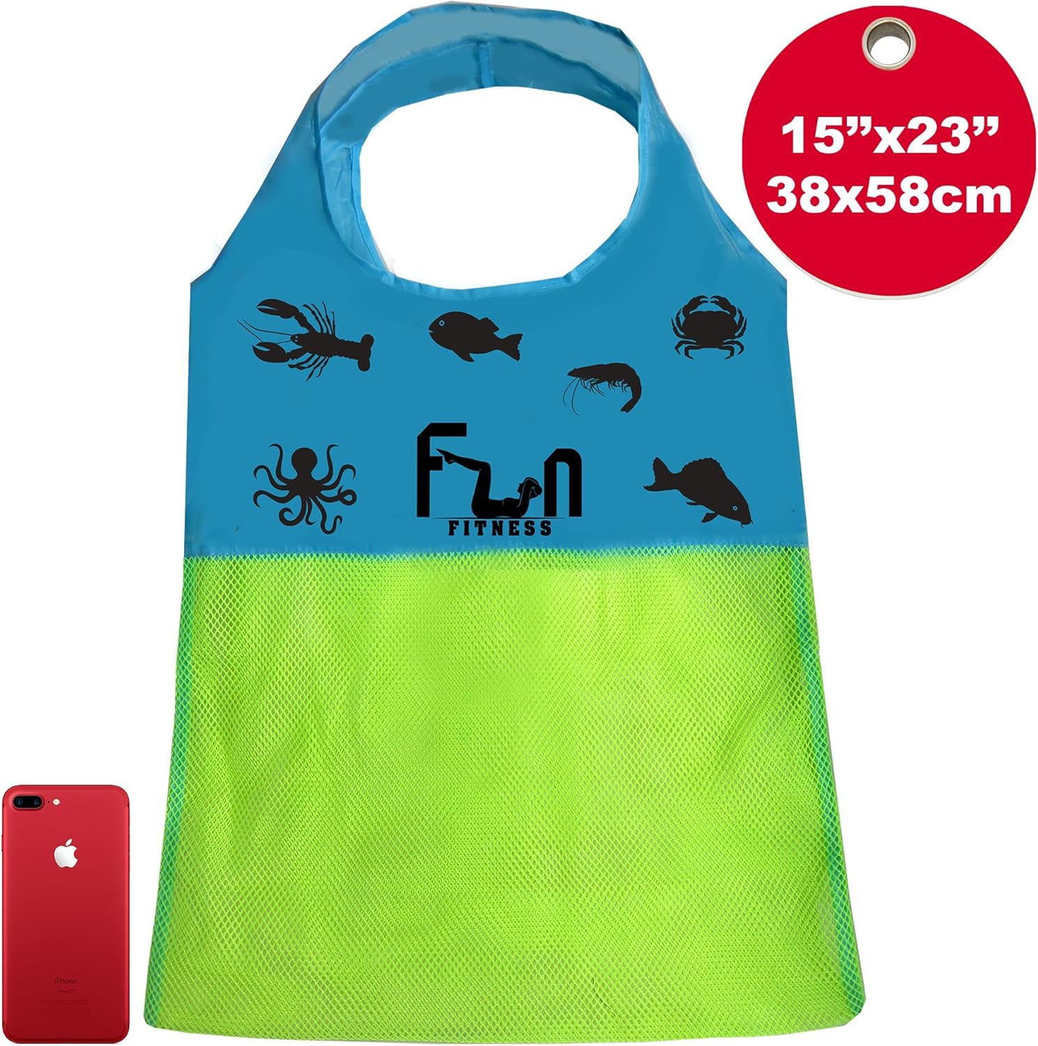 Mesh Shell Bag Sand Toy (Neon Green, Large 15''x23'') - Net Tote Perfect for Kid Beach Toys, Seashells, Pool Towel, Swimsuit - Keep Sand and Water Away - Go Well with Sand Dipper & Sea Shell Sifter