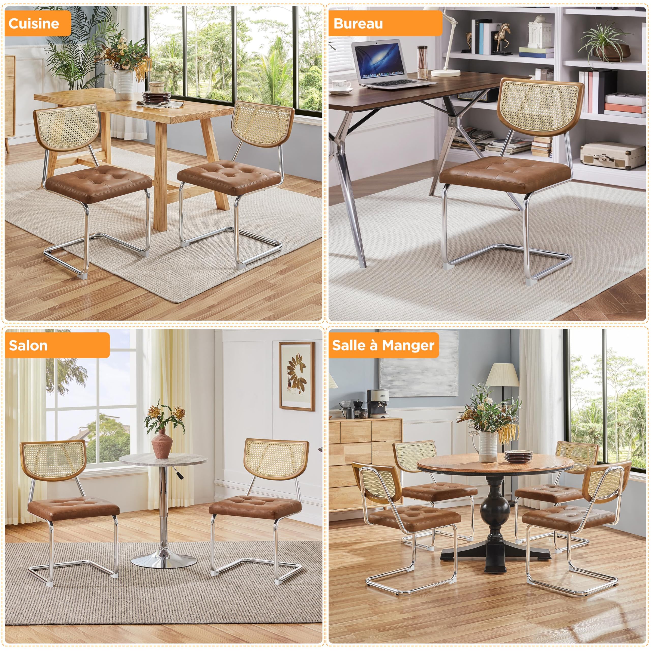 Yaheetech Lot 2 Chaises Cantilever Rotin Tissé Salle à Manger Brun Rustique | Chaise en rotin avec assise confortable, structure métal robuste, idéale pour cuisine ou salon, facile à monter et entretenir