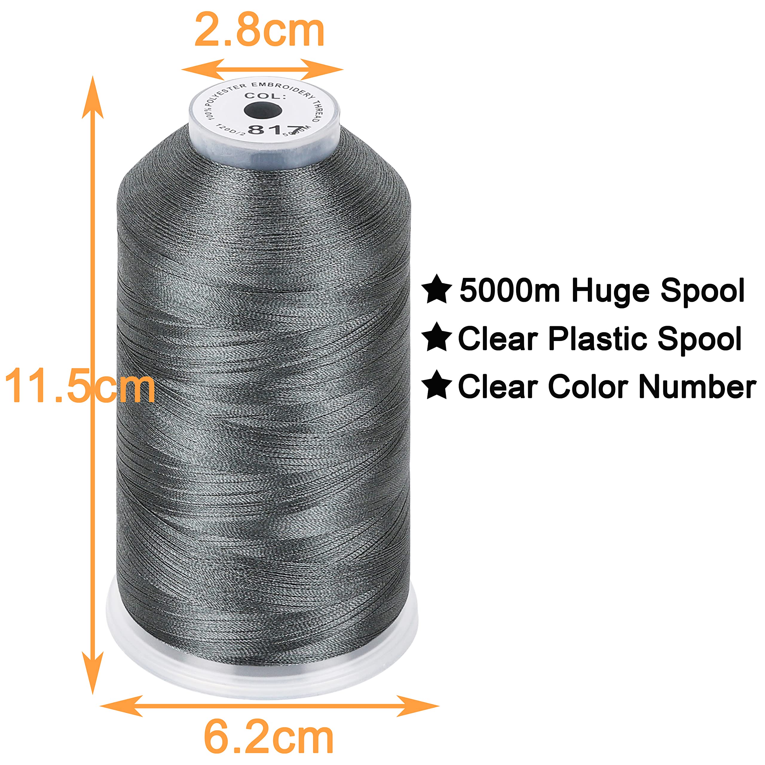 New brothread Set of 2 Polyester Machine Embroidery Thread Huge Spool 5000M for All Embroidery Machines - Gray - Image 2