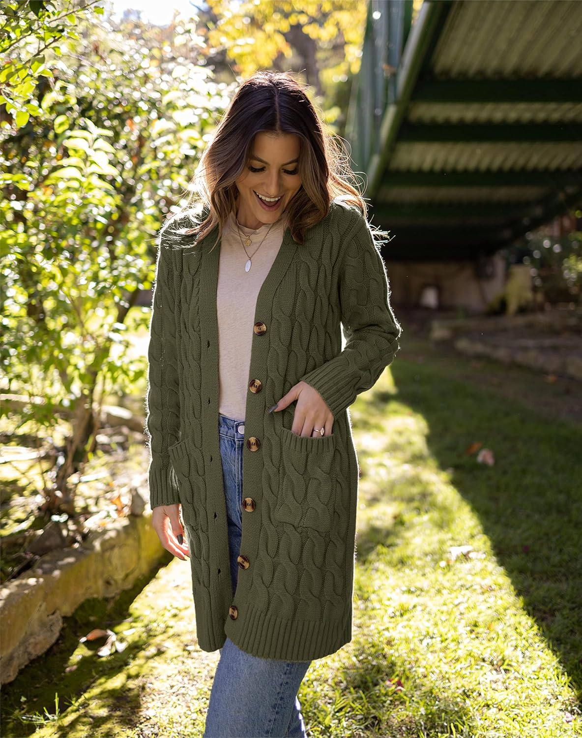 PRETTYGARDEN Long Sleeve Cable Knit Long Cardigan for Women 2026 Spring Winter Chunky Open Front Button Sweaters with Pockets - Image 5