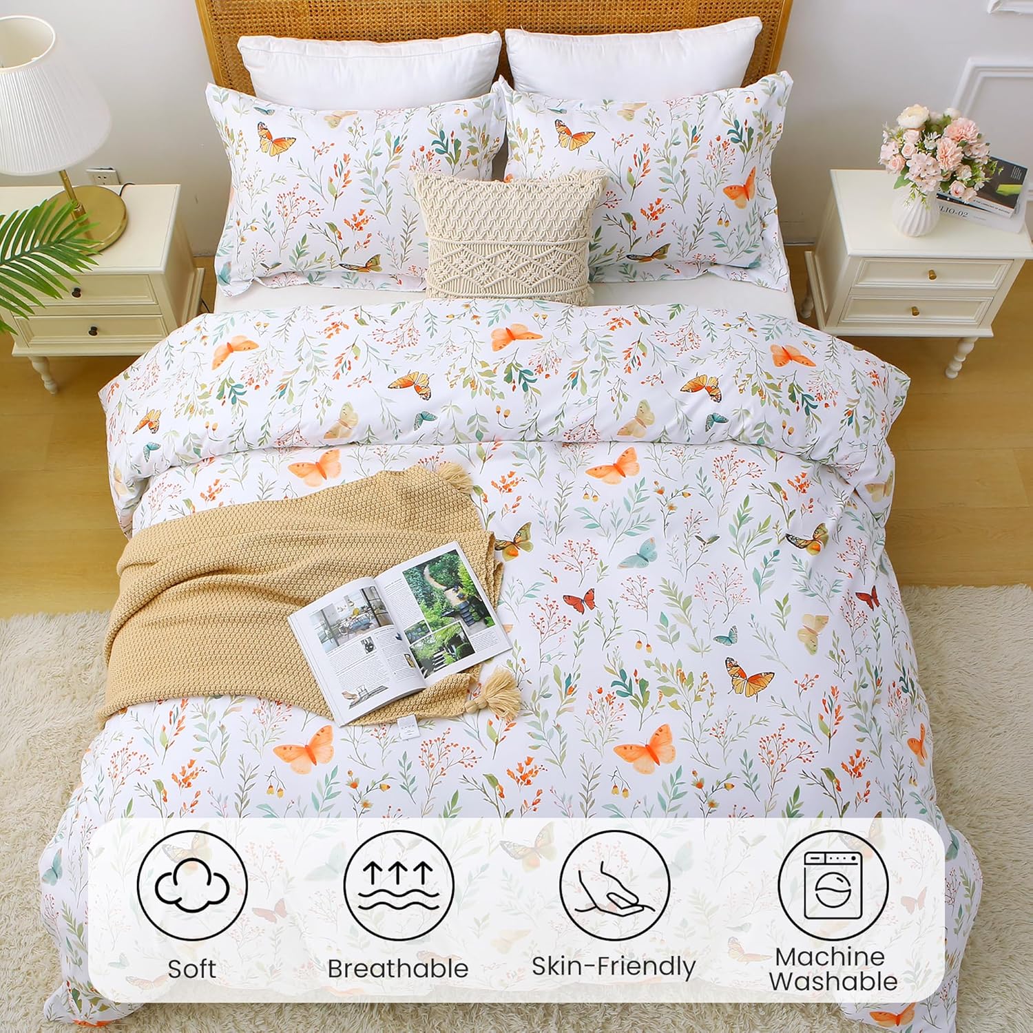 Mooreeke Floral Duvet Cover Queen Size, 3 Piece Butterfly and Botanical Patterned Duvet Cover Set with Zipper Closure, Soft & Breathable Microfiber Bedding Set with 4 Corner Ties and 2 Pillow Shams - Image 2