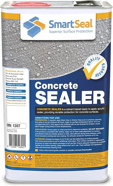 Smartseal Concrete Sealer - Professional Grade, Hard-Wearing, Concrete Sealer for External use on driveways, patios and Floors. Solvent Based Acrylic Concrete Sealer (5 Litre)