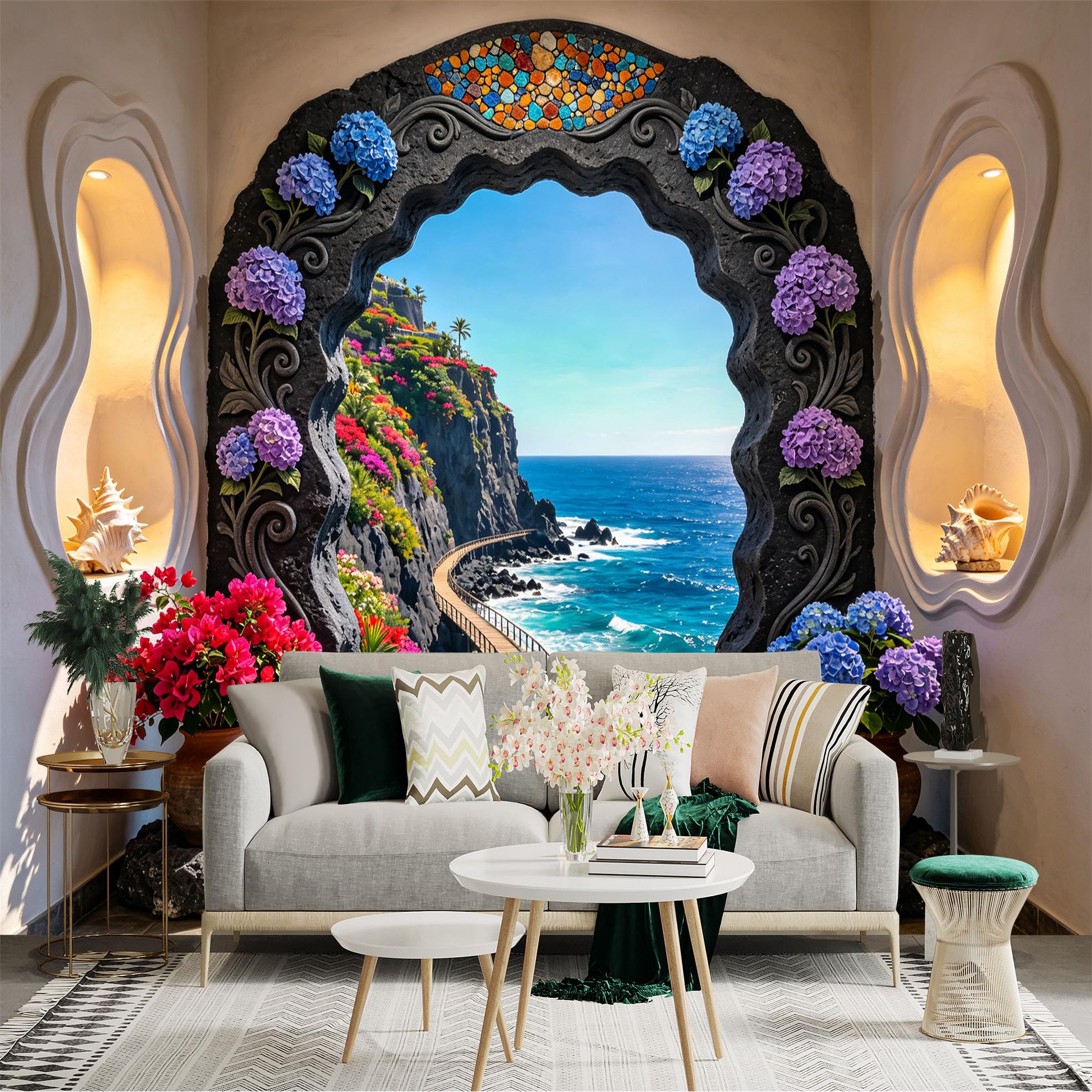 Custom Size Wall Sticker Mural， Coastal Cliff Ocean View with Floral Archway and Seaside Path， for wall Decoration， peelandstick wall Decals.