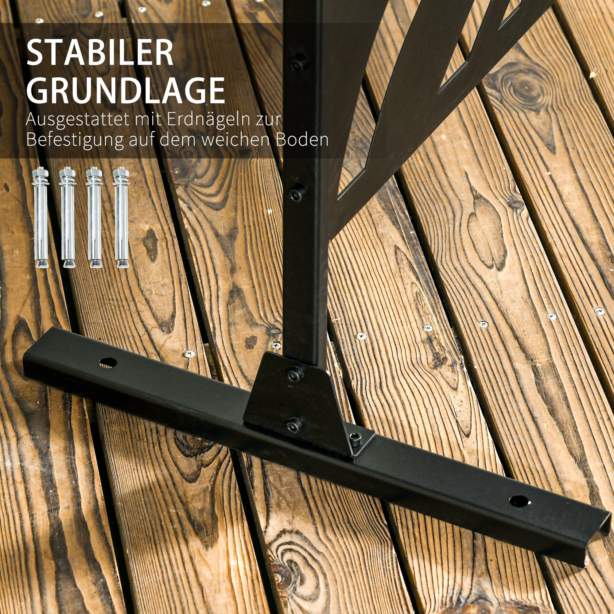 Outsunny Gartensichtschutz 122 x 198 cm Balkon Sichtschutz Stahl Schwarz | Mit Ständer, Trennwand, Raumteiler mit Blättermuster, Metall, für Terrasse, Garten